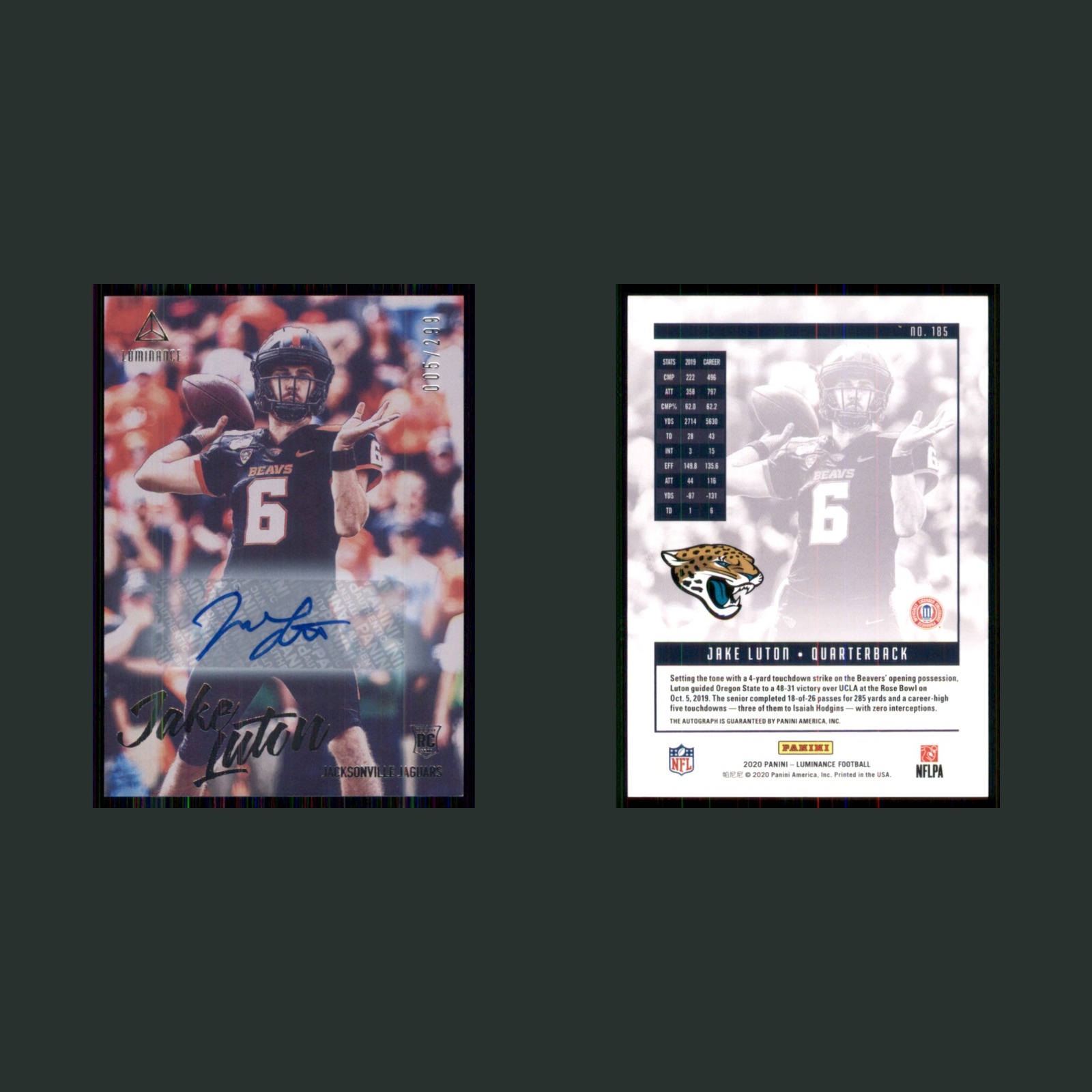 Jake Luton Rookie /299 #185 Autograph 2020 Panini Luminance Jacksonville Jaguars front and back scans. Card condition is Near Mint.