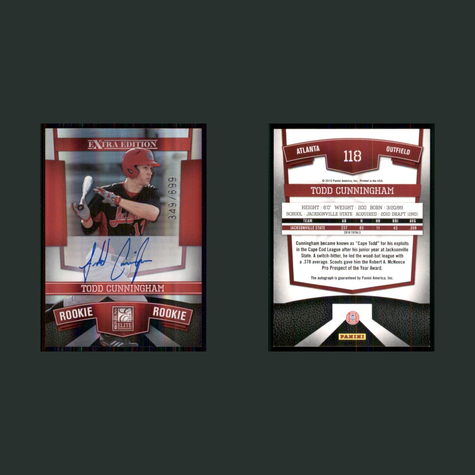 Todd Cunningham Rookie /699 #118 Autograph 2010 Conruss Elite Extra Edition Card front and back scans. Card condition is Near Mint.