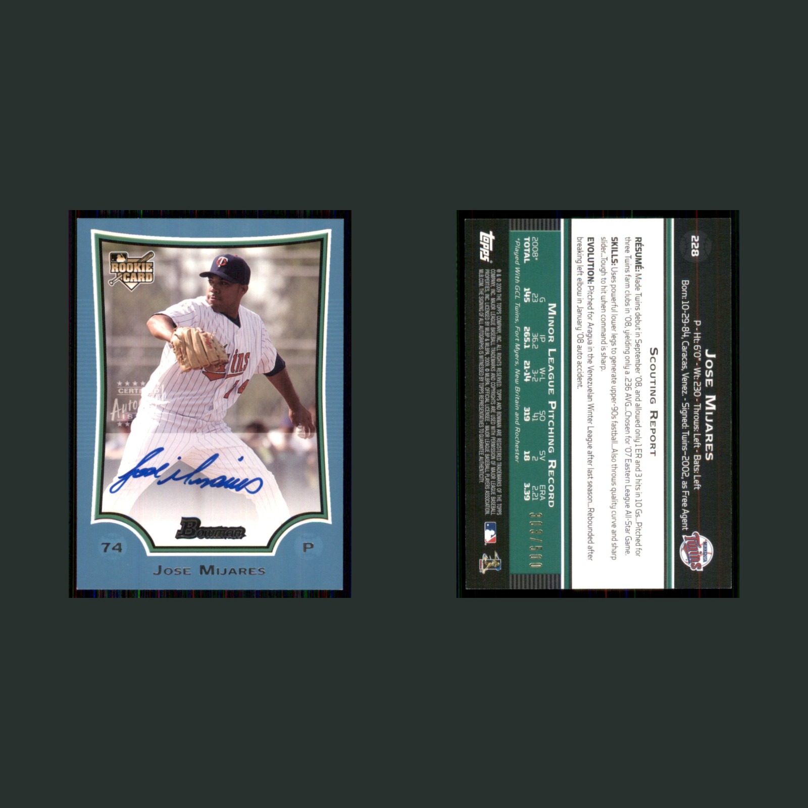 Jose Mijares Rookie /500 #228 Autograph 2009 Bowman Blue Minnesota Twins Card front and back scans. Card condition is Near Mint.