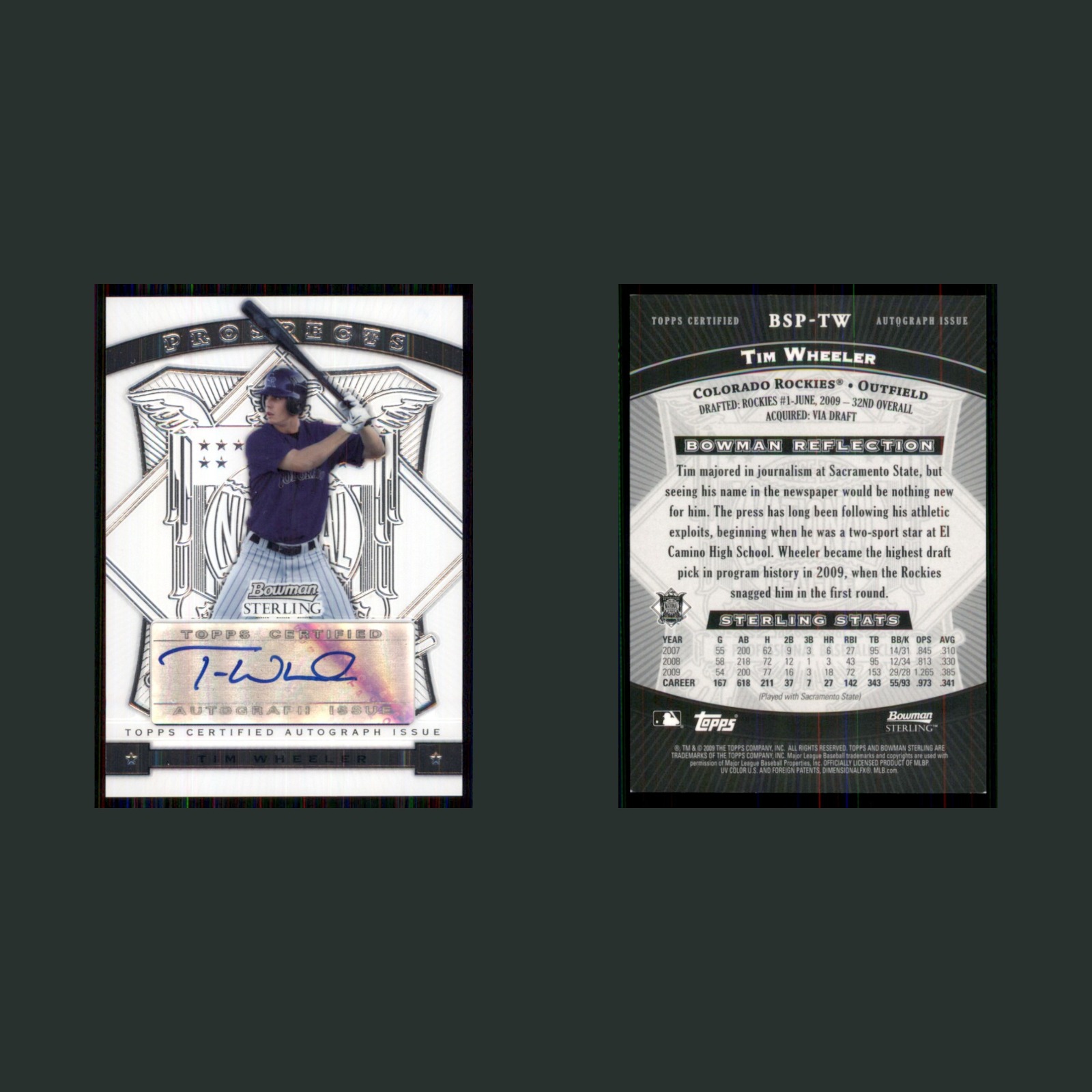 Tim Wheeler Rookie #BSP-TW Autograph 2009 Bowman Sterling Prospects Rockies Card front and back scans. Card condition is Excellent.
