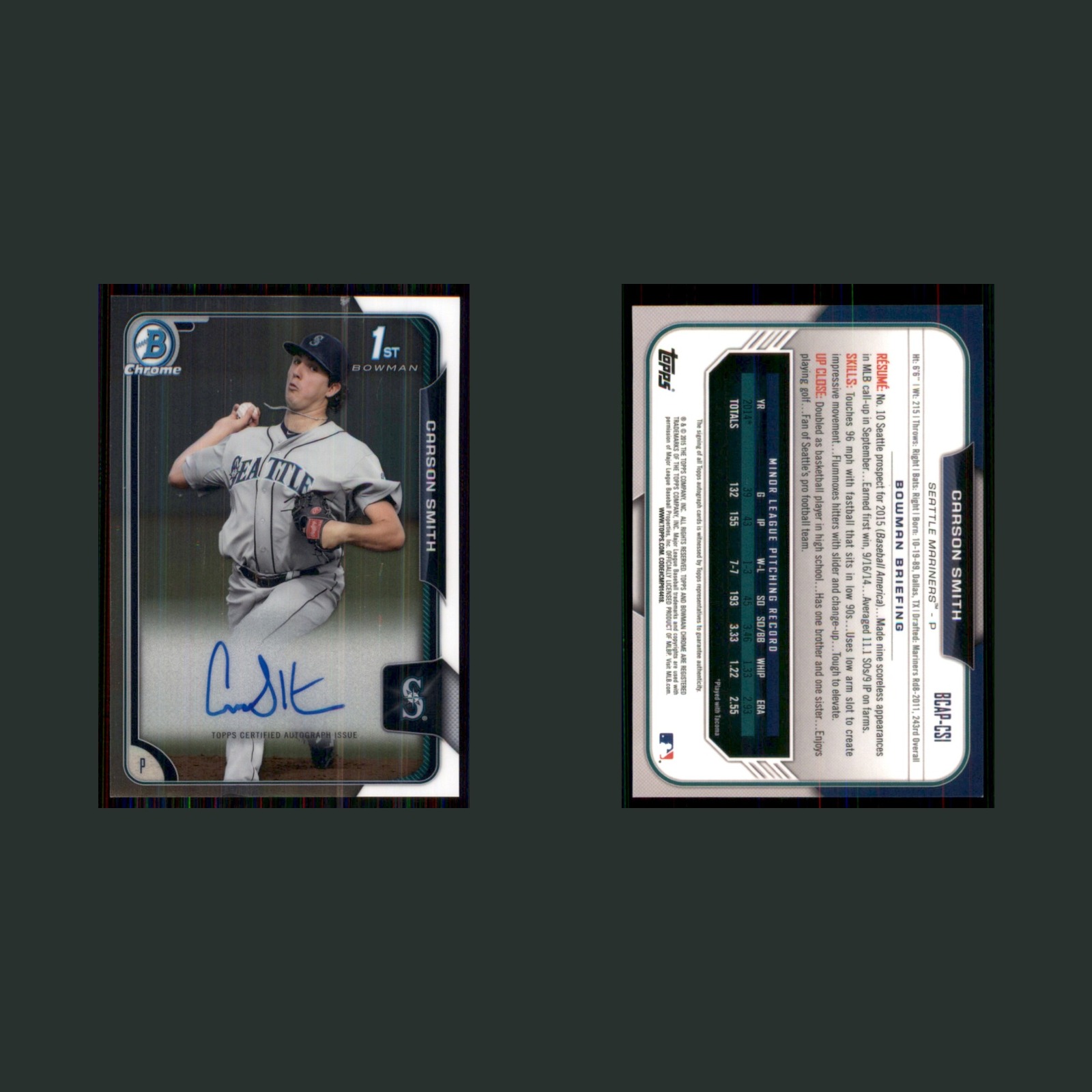 Carson Smith Rookie #BCAP-CSI Autograph 2015 Bowman Chrome Prospect Autographs front and back scans. Card condition is Near Mint.