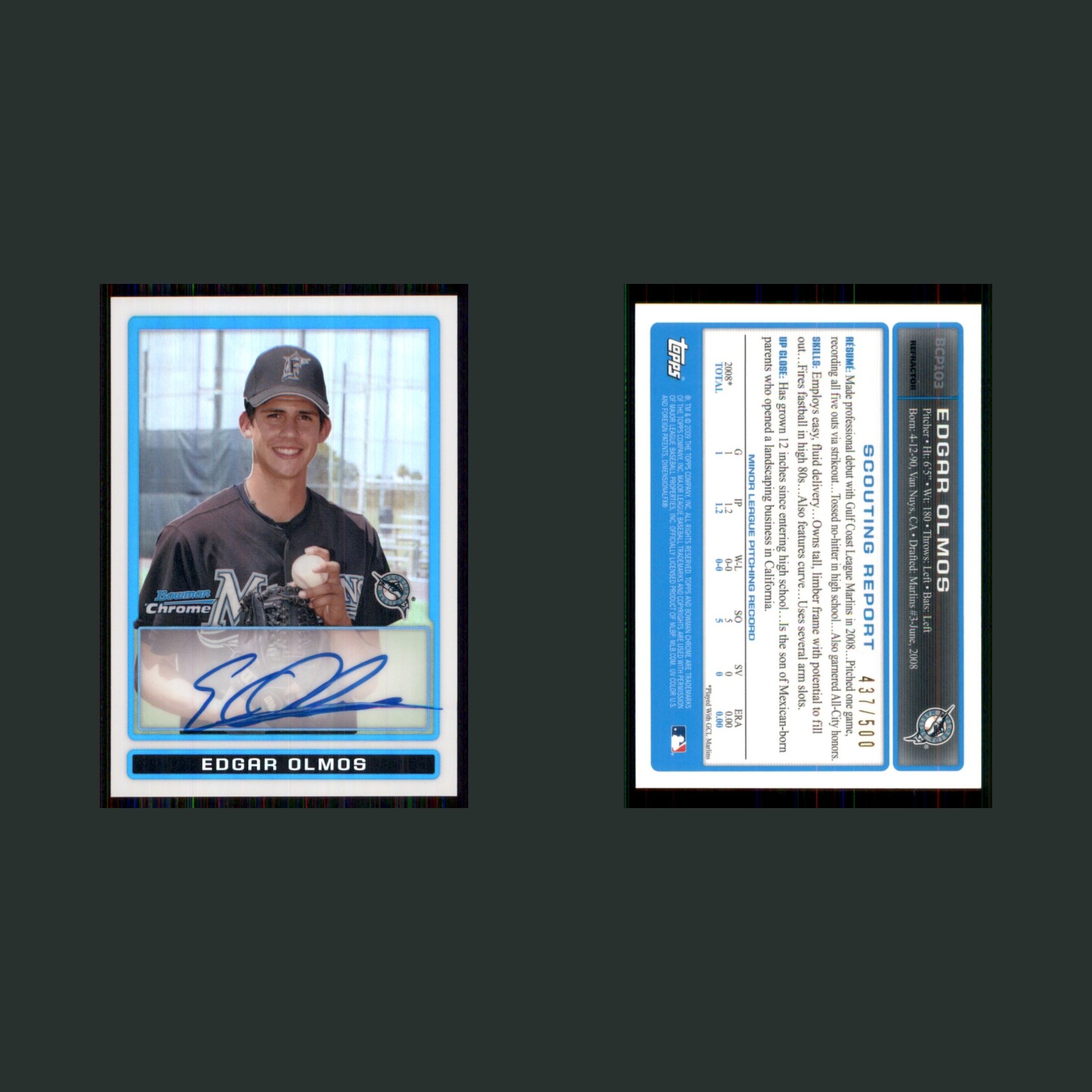 Edgar Olmos Rookie /500 #BCP103 Autograph 2009 Bowman Chrome Refractor Baseball front and back scans. Card condition is Near Mint.