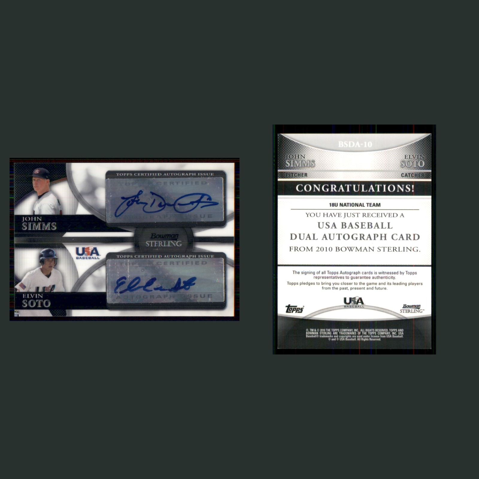 John Simms/Elvin Soto Auto #BSDA-10 Autograph 2010 USA Baseball Card MLB front and back scans. Card condition is Near Mint.