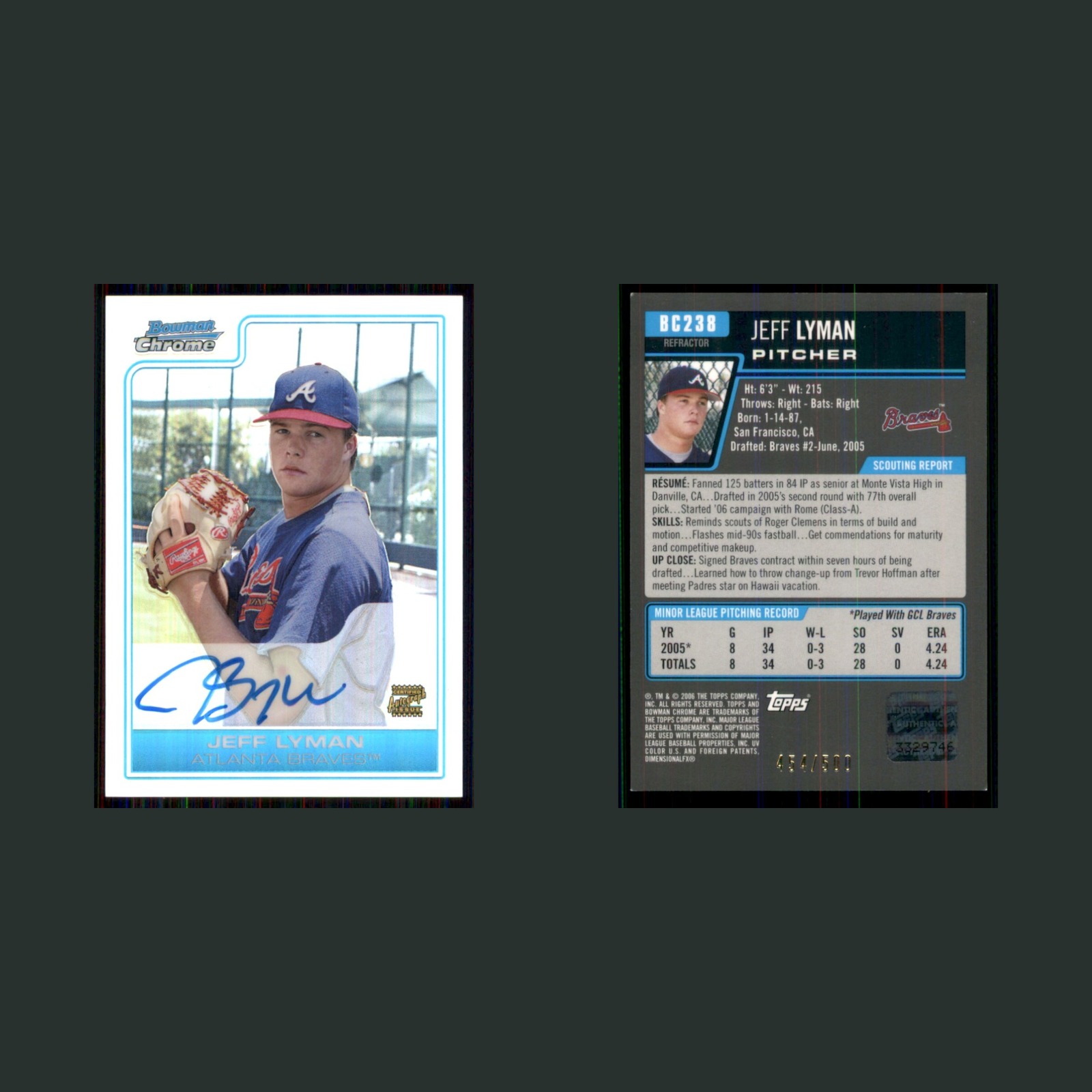 Jeff Lyman Auto /500 #BC238 Autograph 2005 Bowman Chrome Refractor Braves Card front and back scans. Card condition is Near Mint.