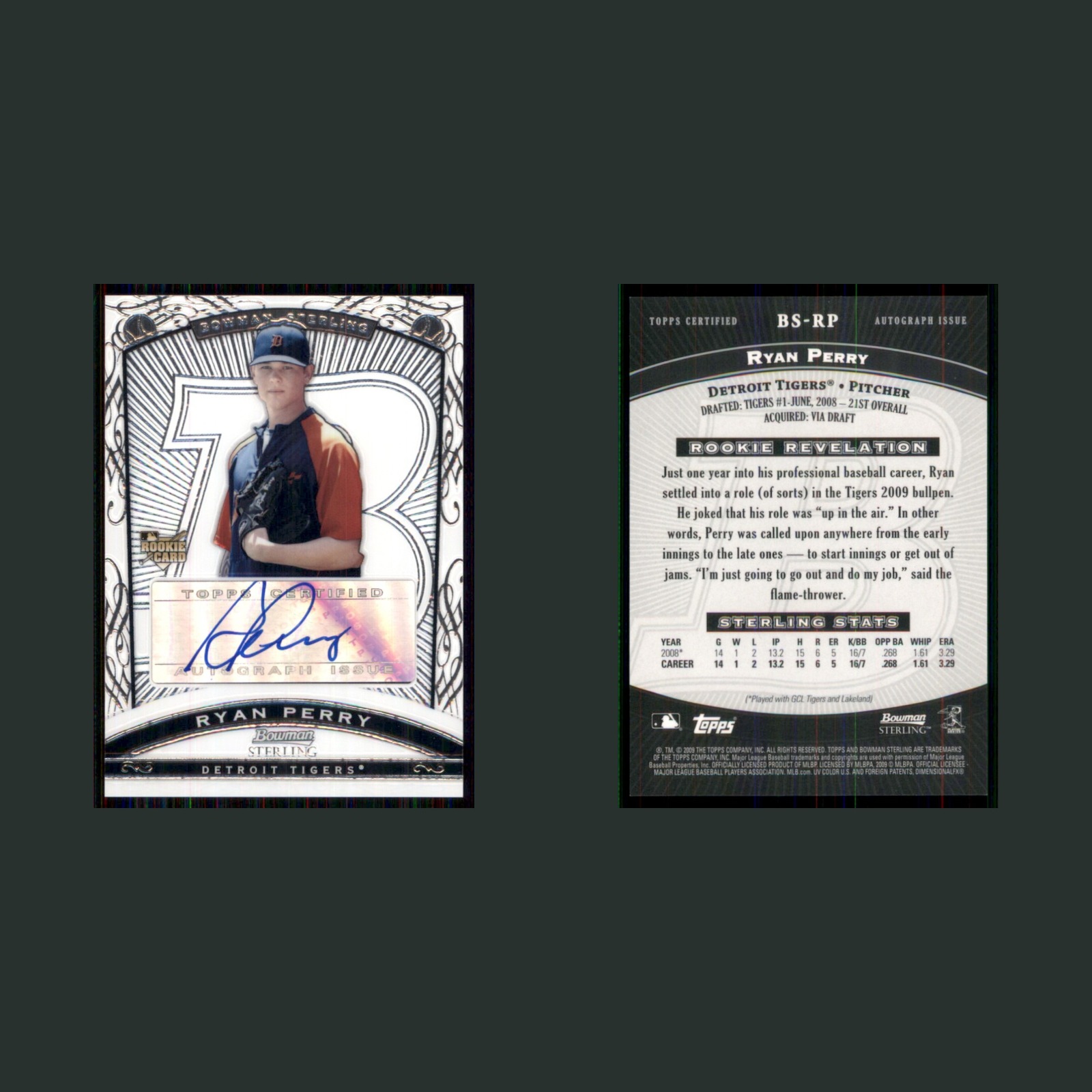 Ryan Perry Rookie #BS-RP Autograph 2009 Bowman Sterling Detroit Tigers Baseball front and back scans. Card condition is Near Mint.