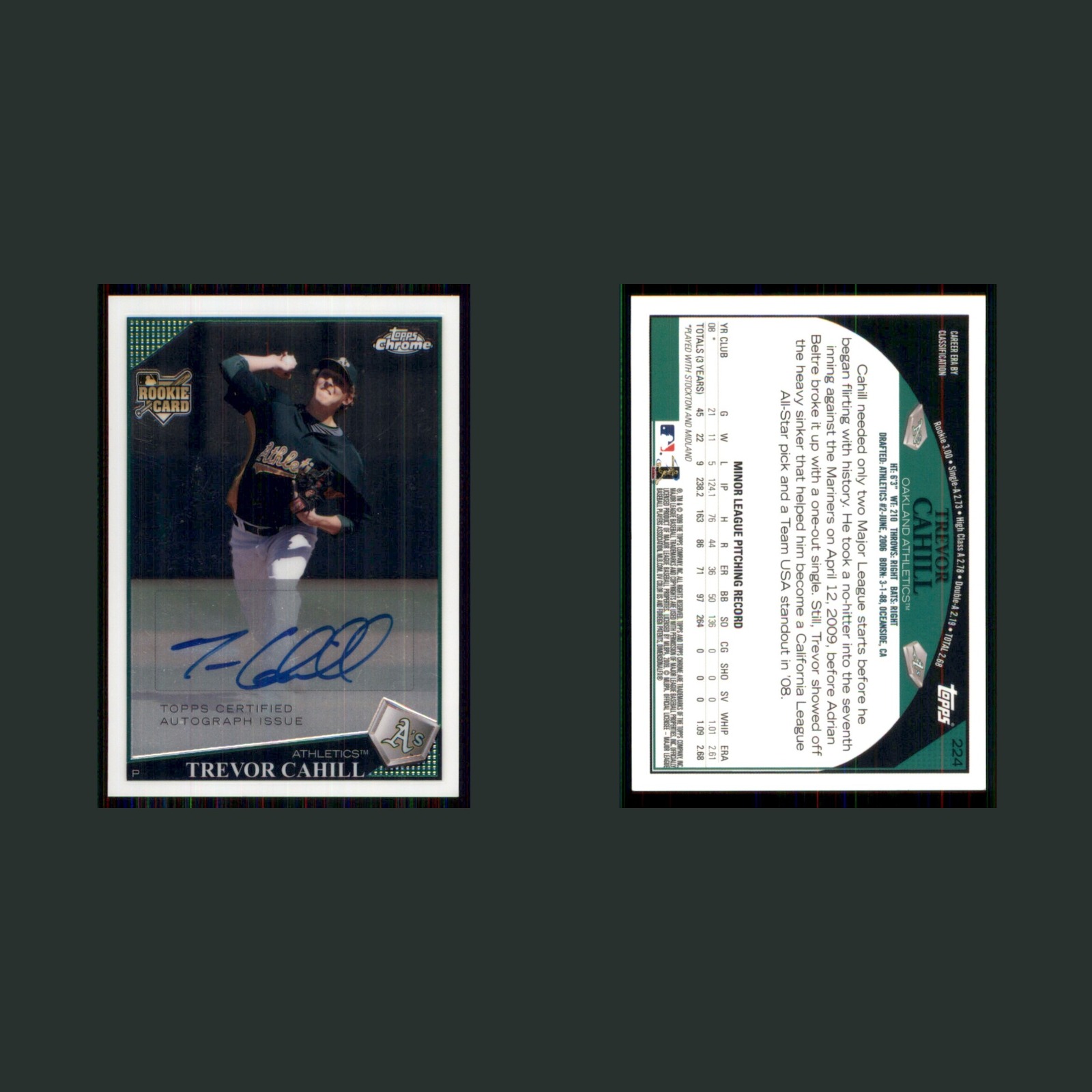 Trevor Cahill Rookie #224 Autograph 2009 Topps Chrome Oakland Athletics Baseball front and back scans. Card condition is Near Mint.