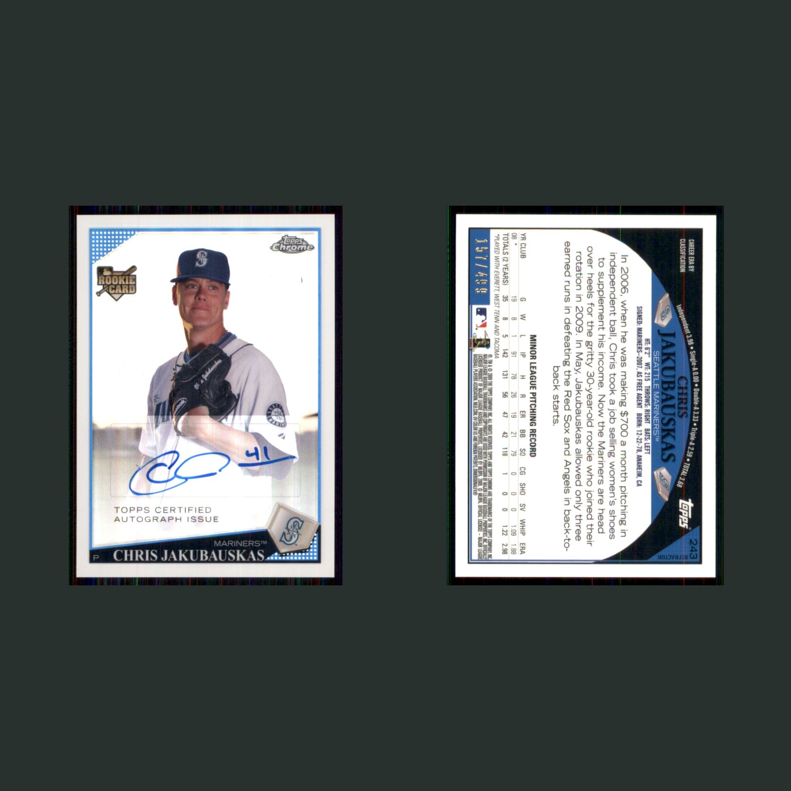 Chris Jakubauskas Auto /499 #243 Autograph 2009 Topps Chrome Refractor Mariners front and back scans. Card condition is Near Mint.
