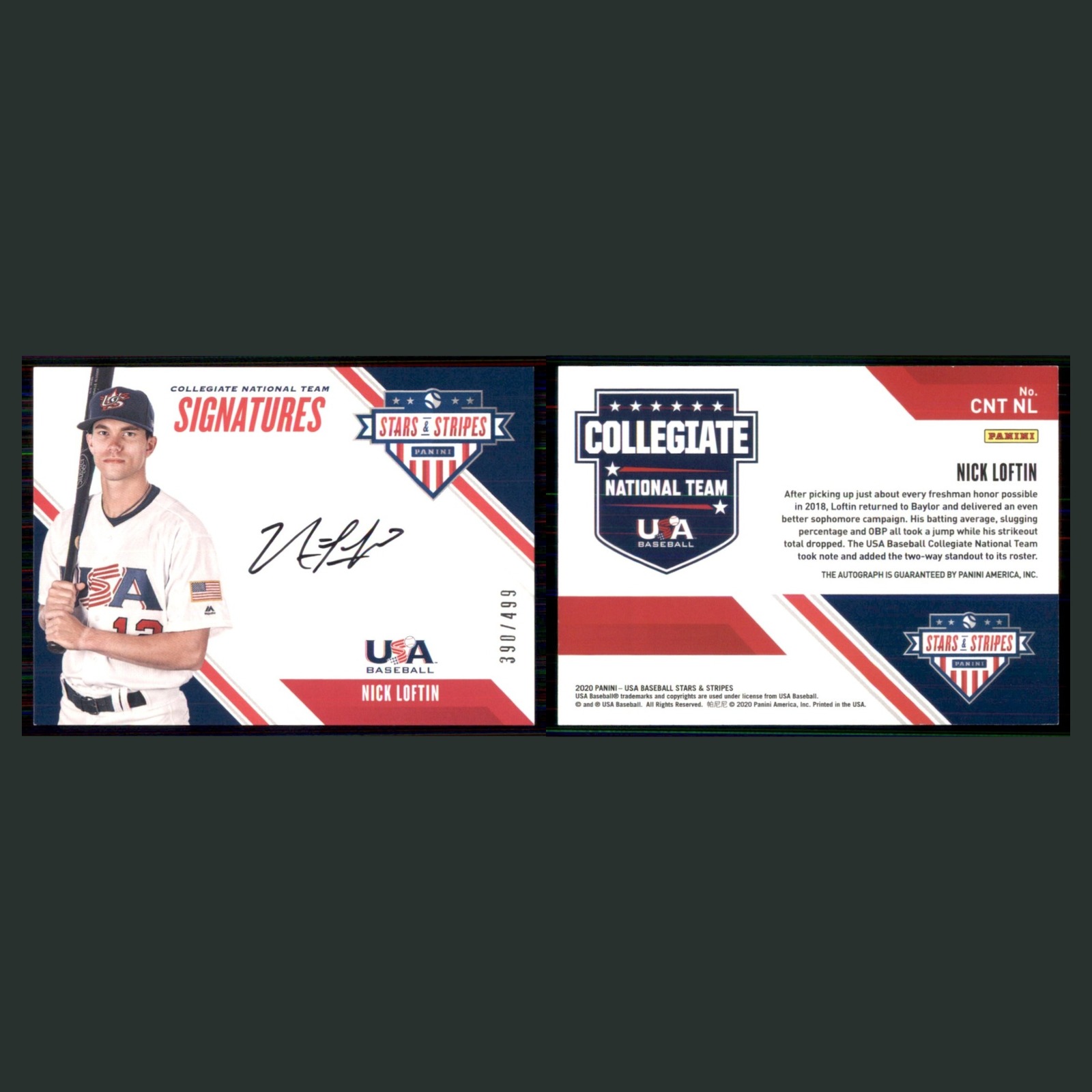 Nick Loftin Auto /499 #CNT NL Autograph 2020 Stars & Stripes CNT Signatures USA front and back scans. Card condition is Near Mint.