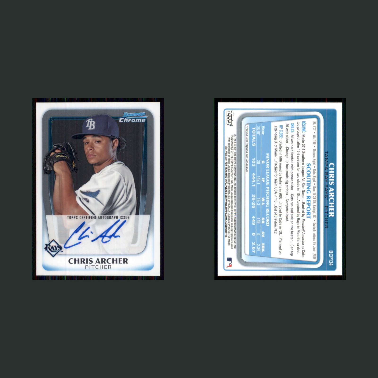 Chris Archer Auto #BCP134 Autograph 2011 Bowman Chrome Prospect Autographs Rays front and back scans. Card condition is Near Mint.