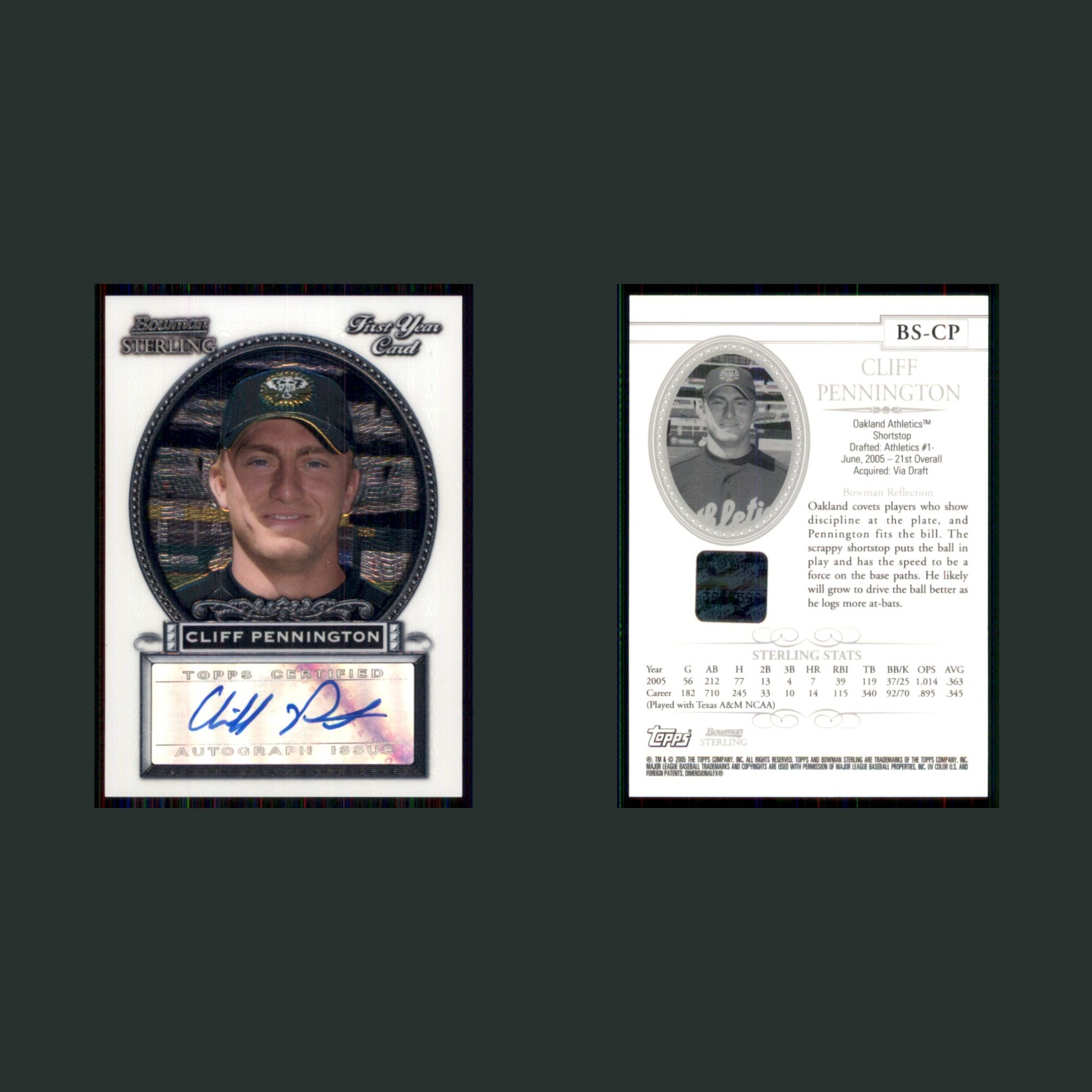 Cliff Pennington Rookie #BS-CP Autograph 2005 Bowman Sterling Oakland Athletics front and back scans. Card condition is Near Mint.