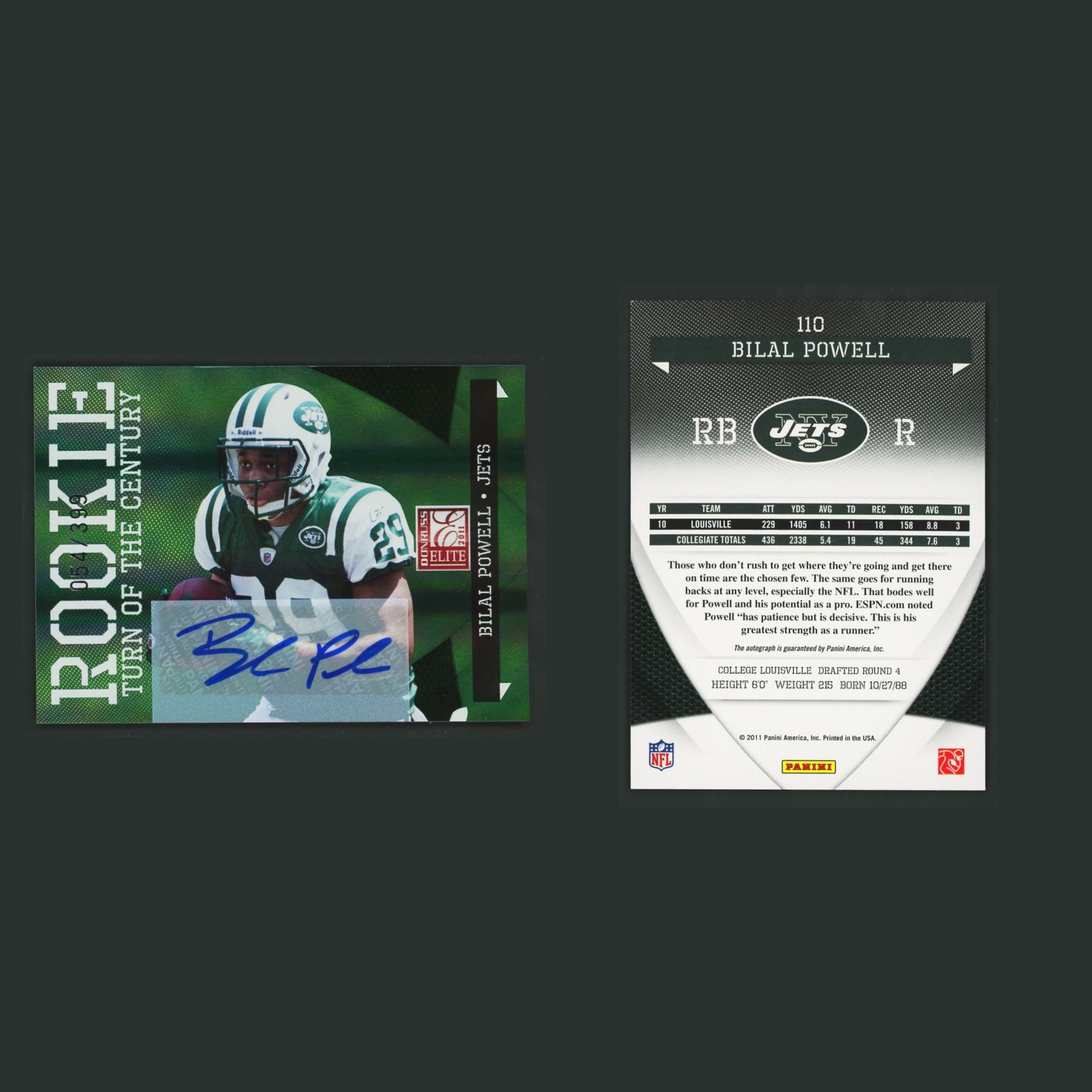 Bilal Powell Auto /399 #110 Autograph 2011 New York Jets Football Card NFL front and back scans. Card condition is Near Mint.