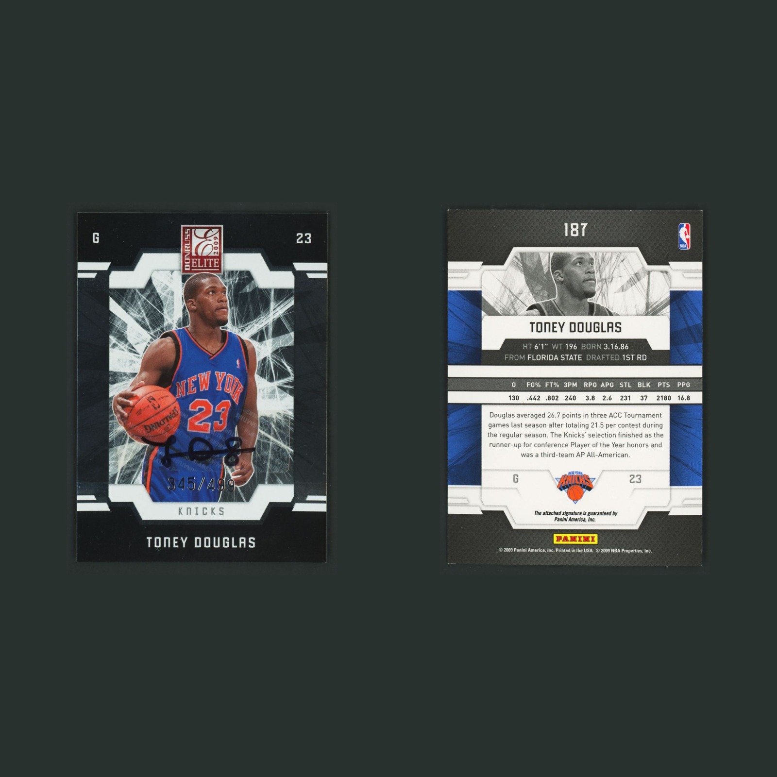 Toney Douglas Rookie /499 #187 Autograph 2009-10 Donruss Elite New York Knicks front and back scans. Card condition is Near Mint.