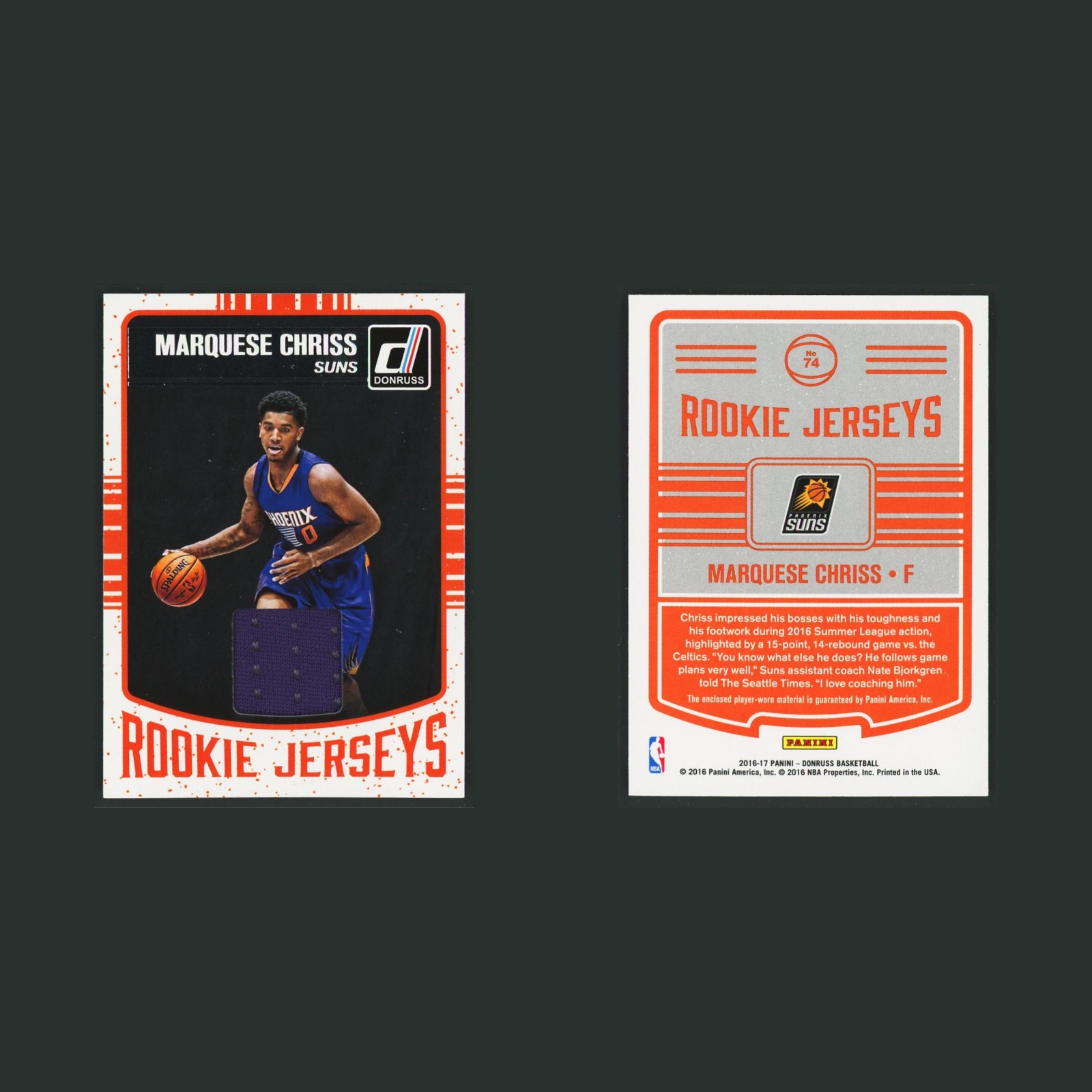 Marquese Chriss Patch #74 2016-17 Donruss Rookie Jerseys Phoenix Suns Basketball front and back scans. Card condition is Near Mint.