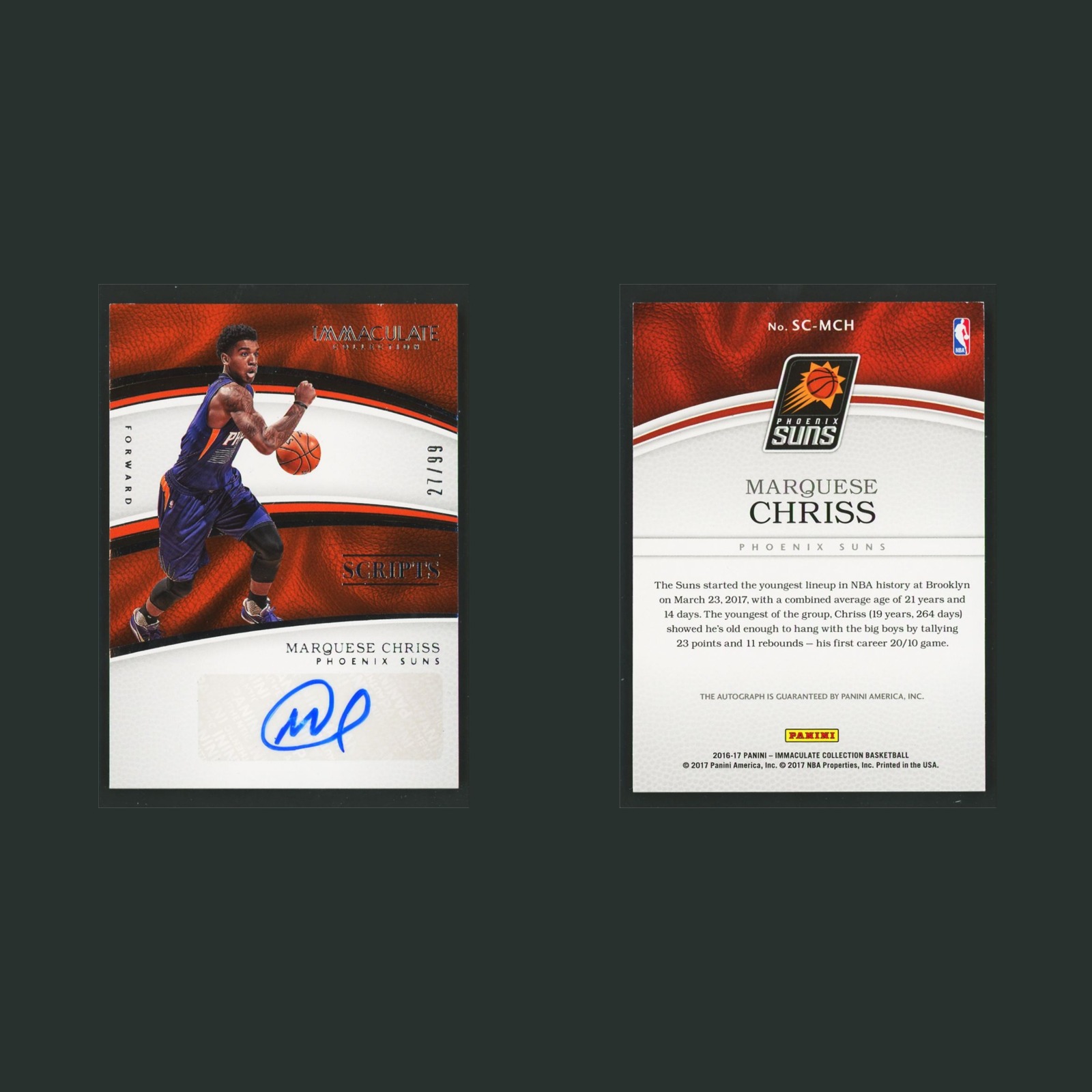 Marquese Chriss Auto /99 #SC-MCH Autograph 2016-17 Panini Immaculate Scripts NBA front and back scans. Card condition is Near Mint.