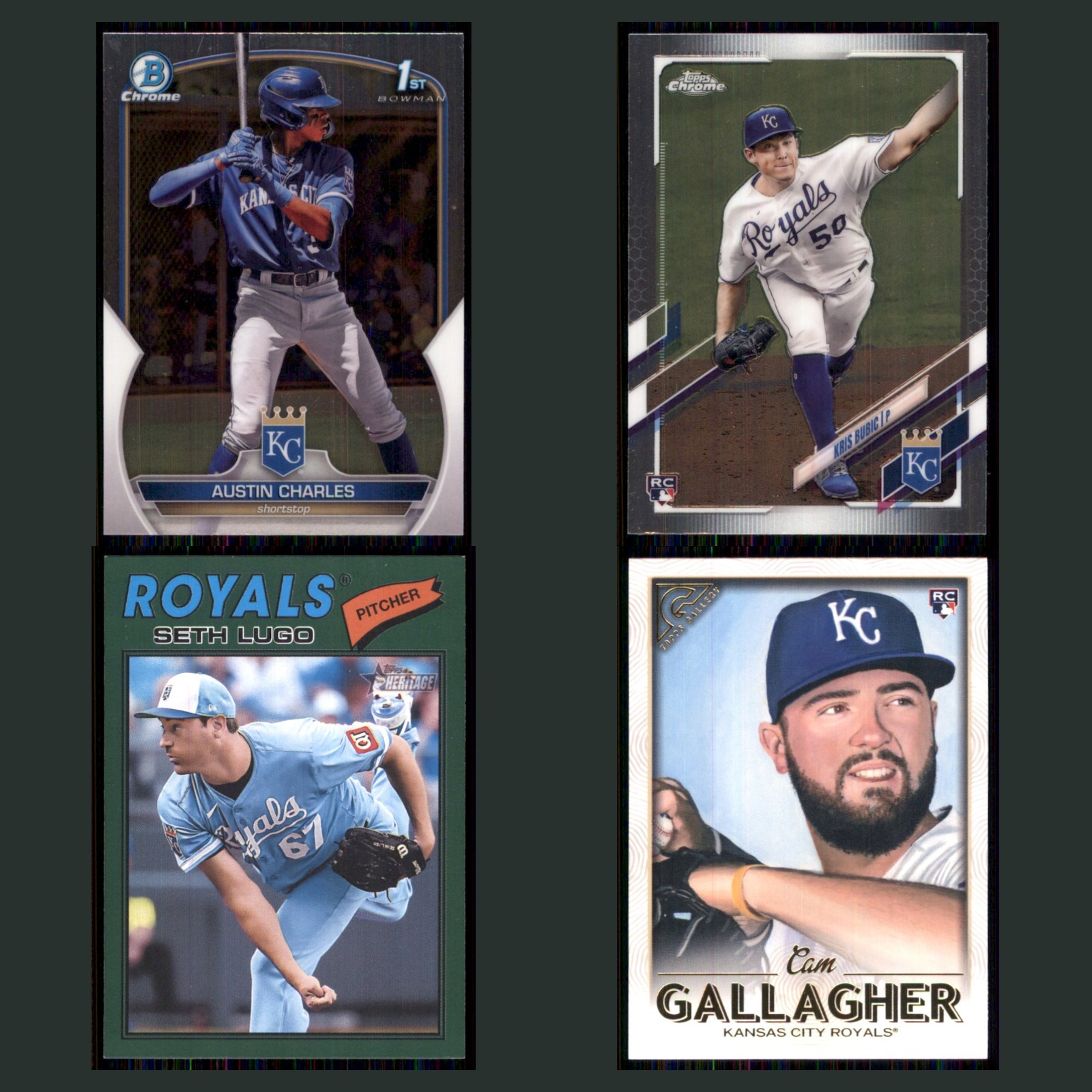 Kansas City Royals Lot 4 Baseball Cards Bowman Chrome Prospects Austin Charles card scans. Overall card condition is Near Mint.