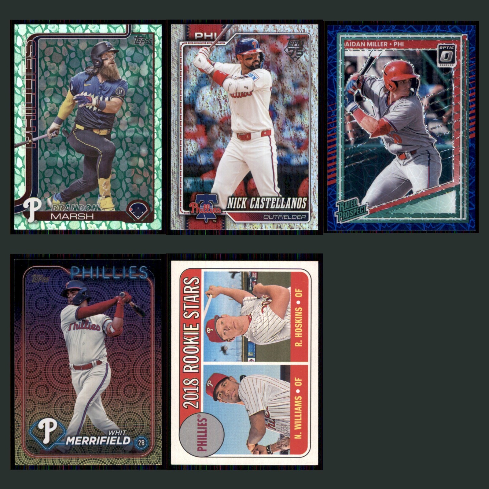 Philadelphia Phillies Lot 5 Baseball Cards Topps Holiday Brandon Marsh NM MLB card scans. Overall card condition is Near Mint.