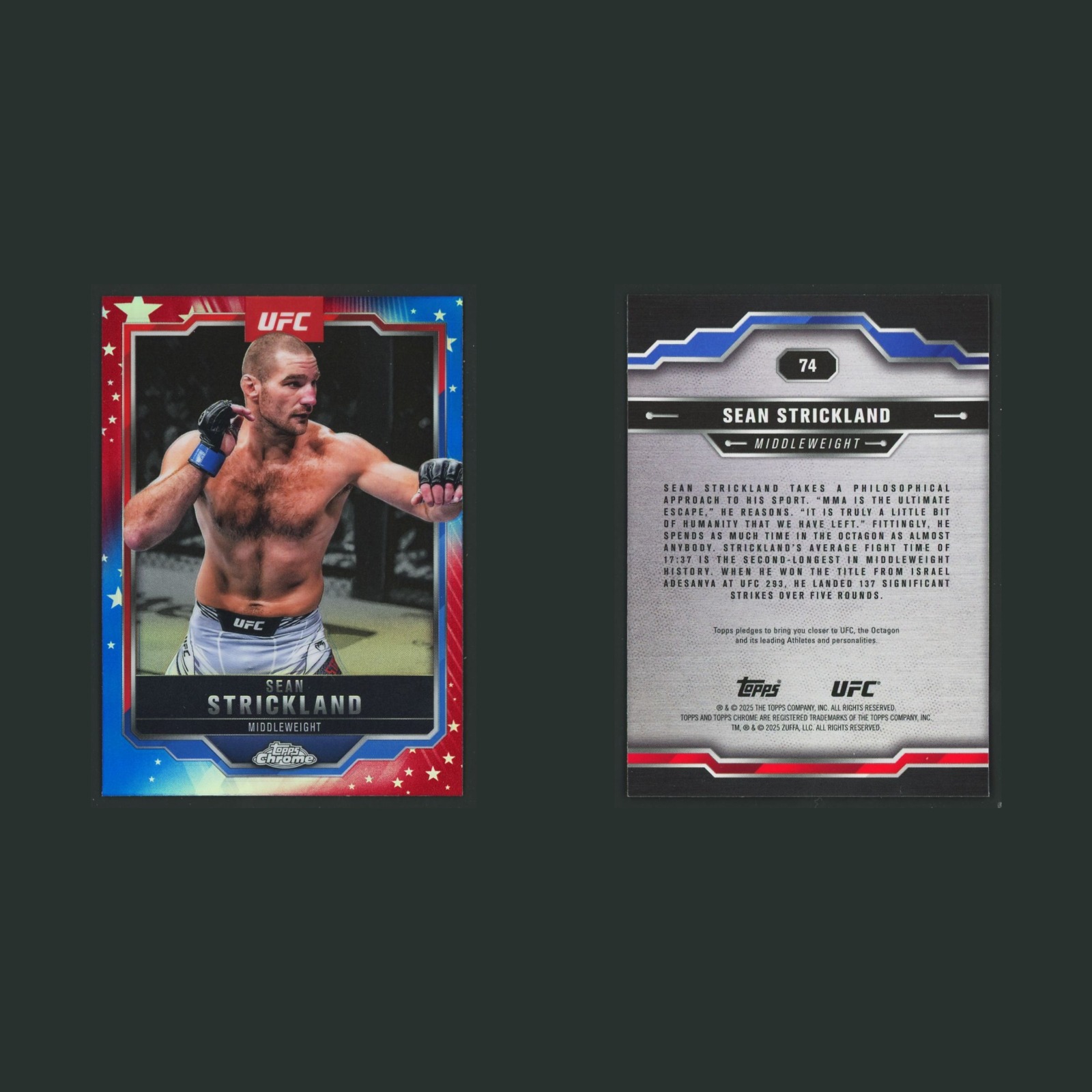 Sean Strickland #74 2025 Topps Chrome UFC Red Blue Refractor MMA Card front and back scans. Card condition is Near Mint.