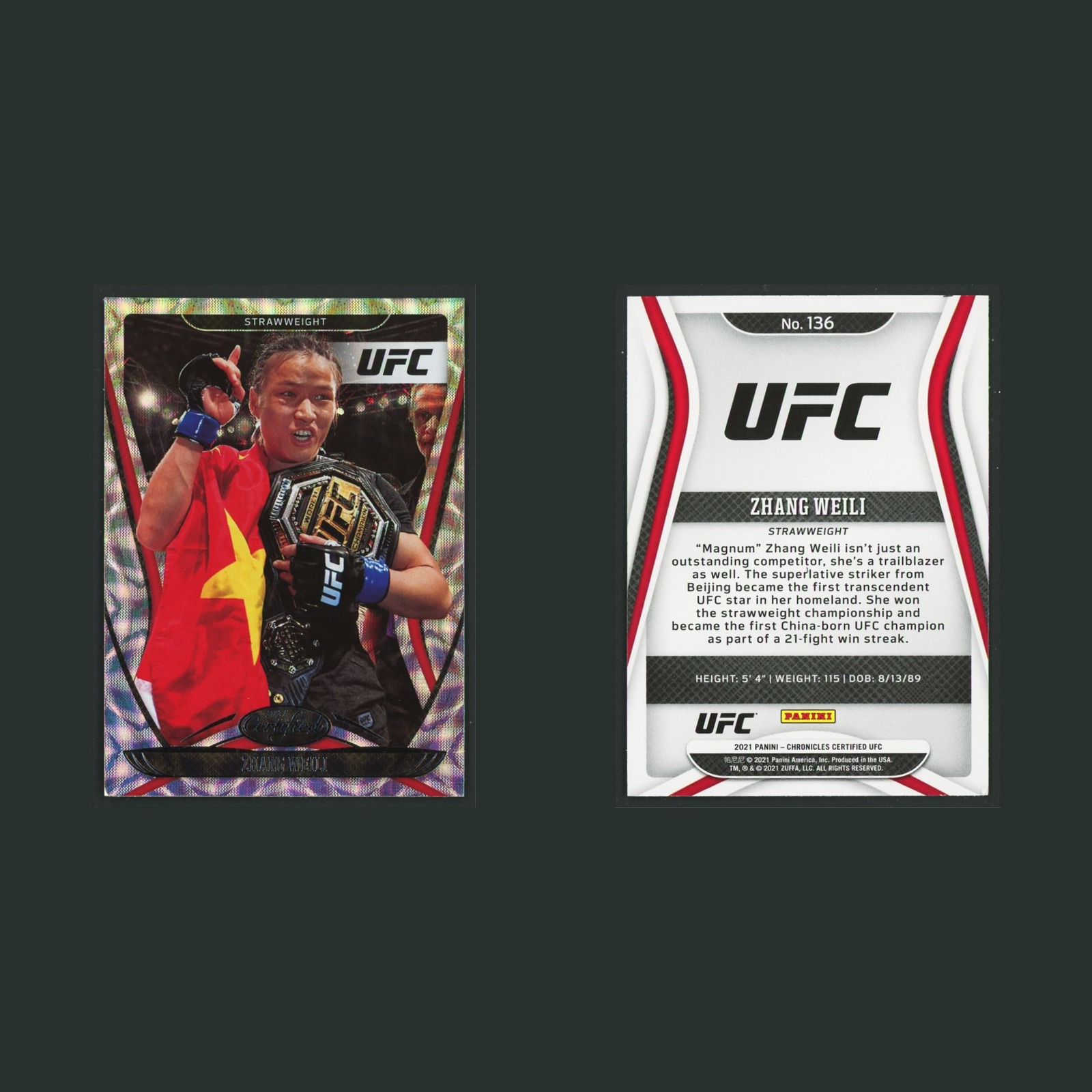Zhang Weili #136 2021 Panini Chronicles Certified UFC Asia MMA Card front and back scans. Card condition is Near Mint.