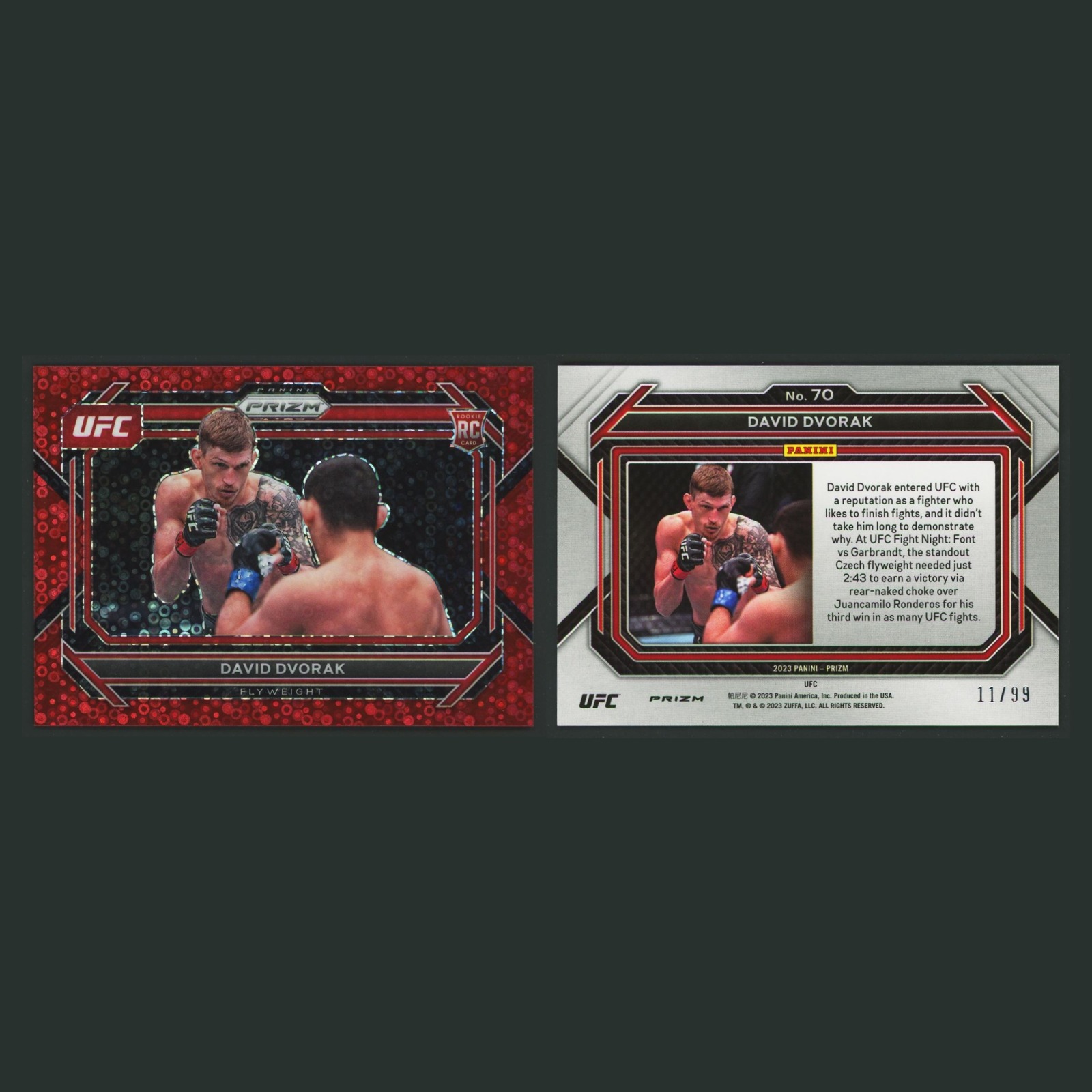 David Dvorak Rookie /99 #70 2023 Panini Prizm UFC Red Disco MMA Card front and back scans. Card condition is Near Mint.