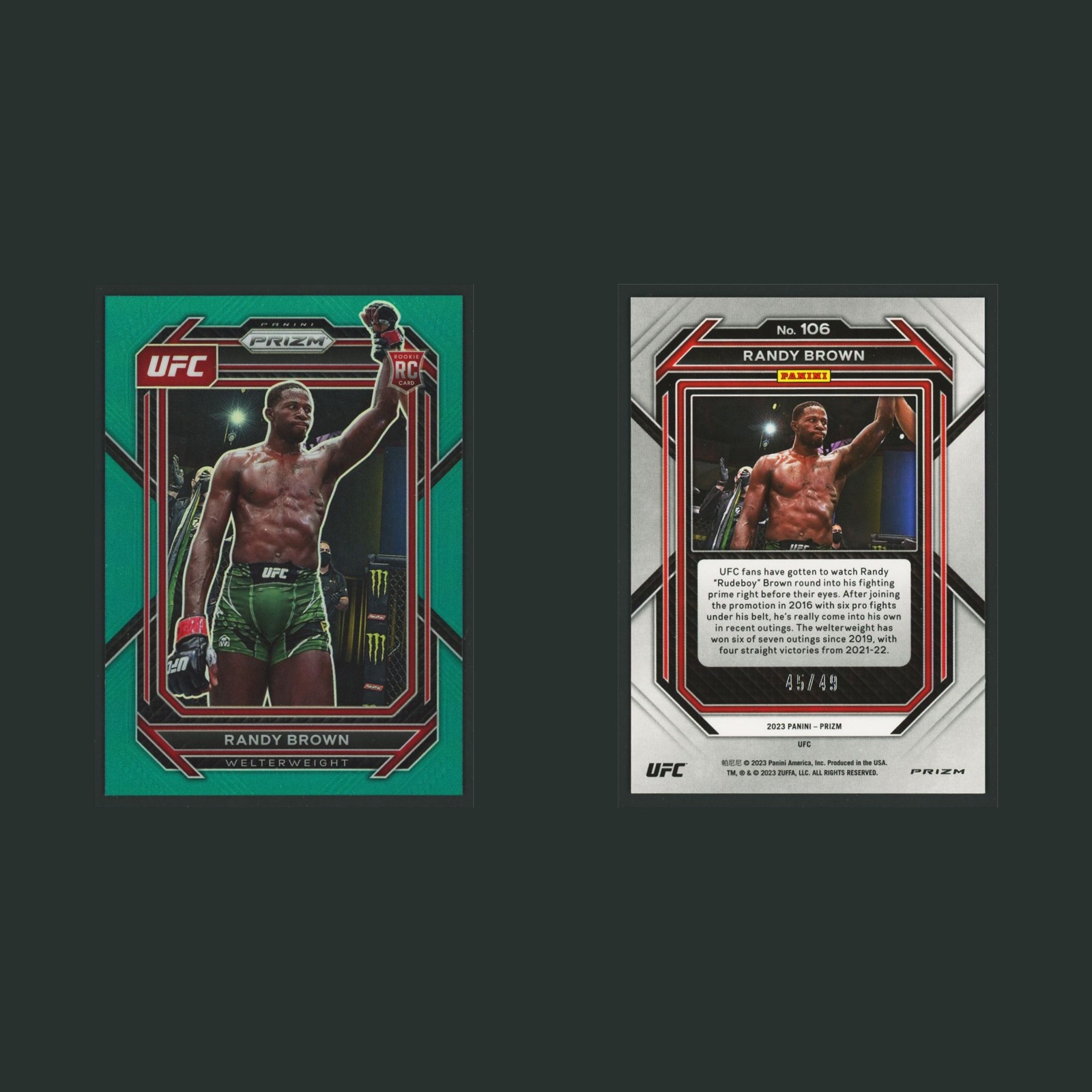 Randy Brown Rookie /49 #106 2023 Panini Prizm UFC Teal MMA Card front and back scans. Card condition is Near Mint.