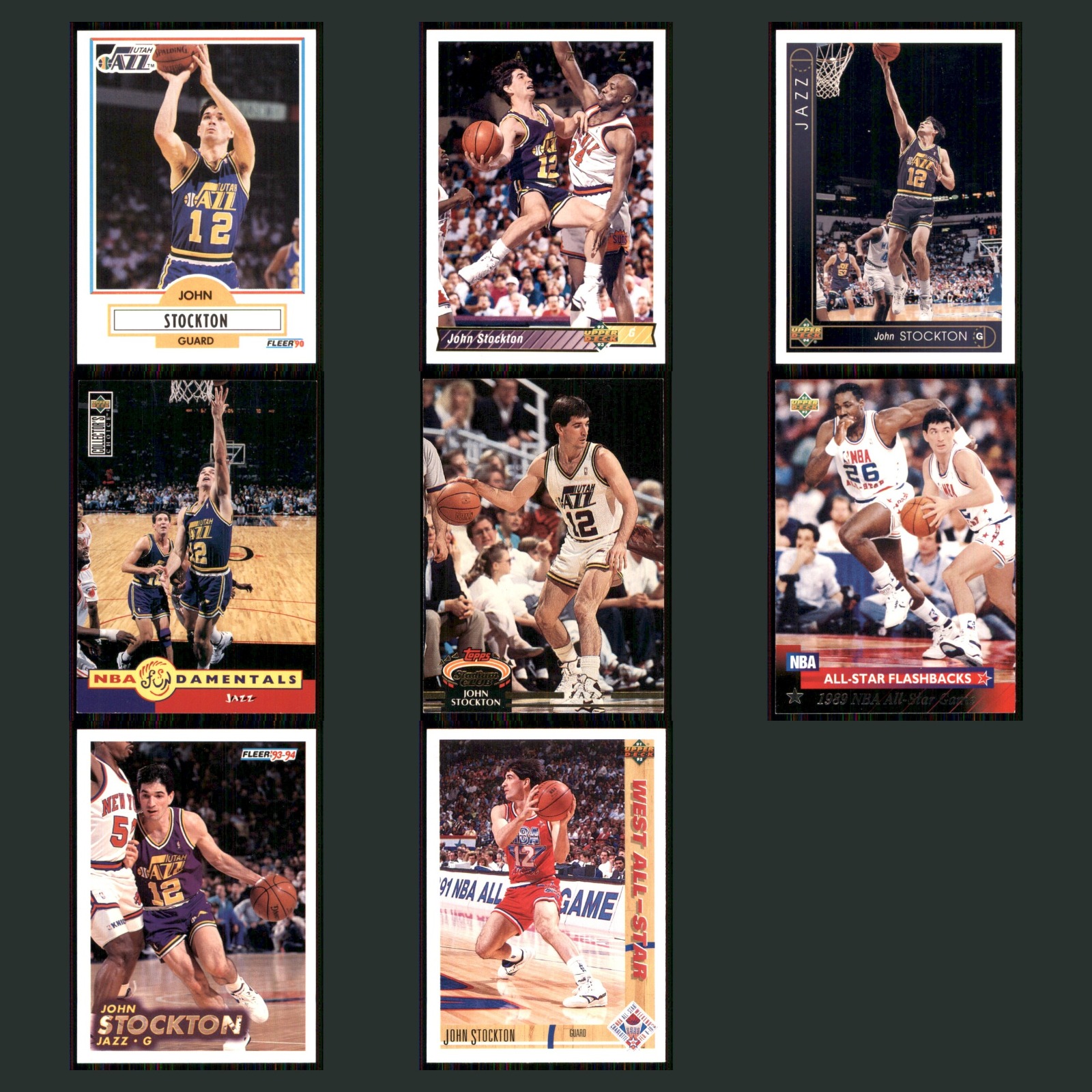 John Stockton Lot 8 Basketball Cards 1990 Fleer Utah Jazz Set Collection NBA EX card scans. Overall card condition is Excellent.