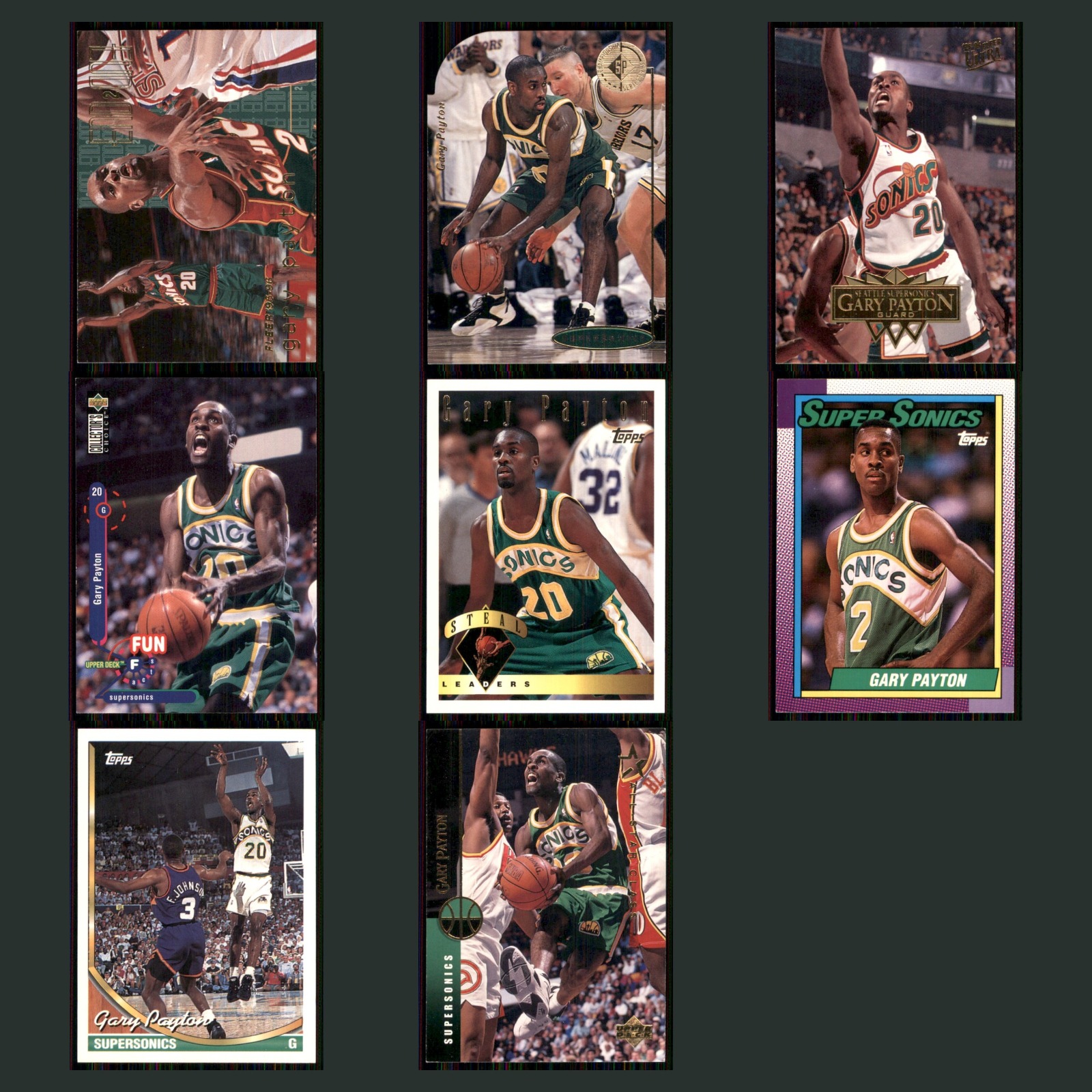 Gary Payton Lot 8 Basketball Cards 1995 Fleer End 2 End Seattle SuperSonics Set card scans. Overall card condition is Excellent.