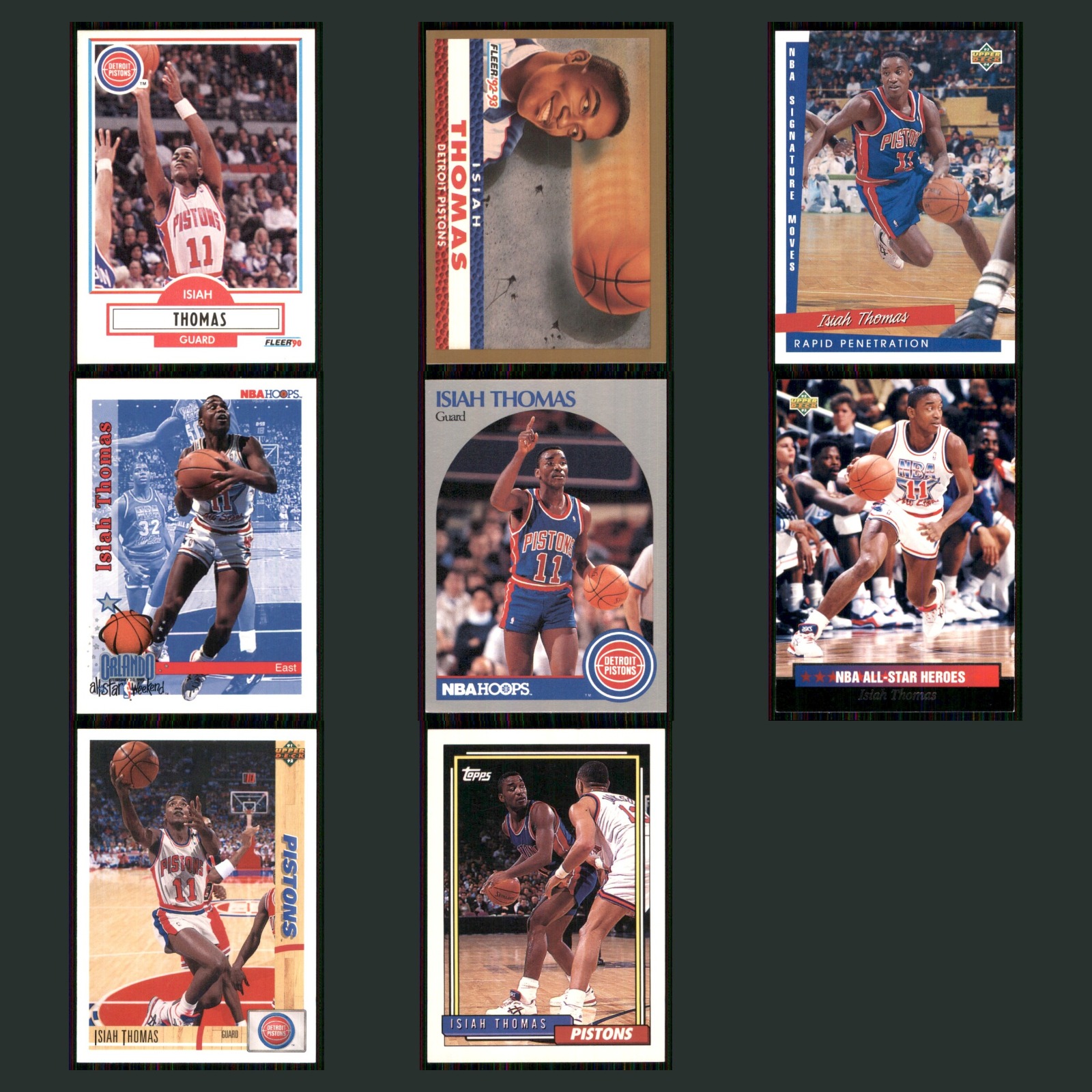 Isiah Thomas Lot 8 Basketball Cards 1990 Fleer Detroit Pistons Set Collection EX card scans. Overall card condition is Excellent.