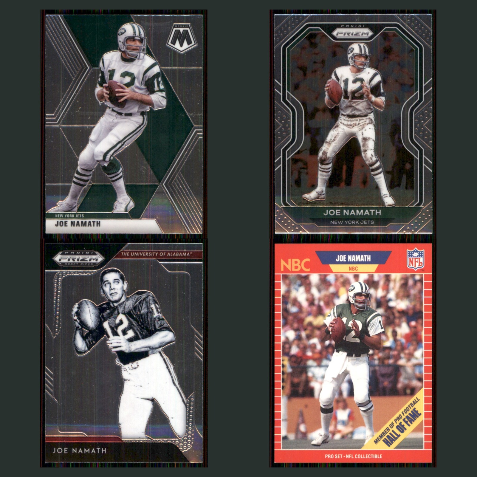 Joe Namath Lot 4 Football Cards 2020 Panini Mosaic New York Jets Set Collection card scans. Overall card condition is Near Mint.
