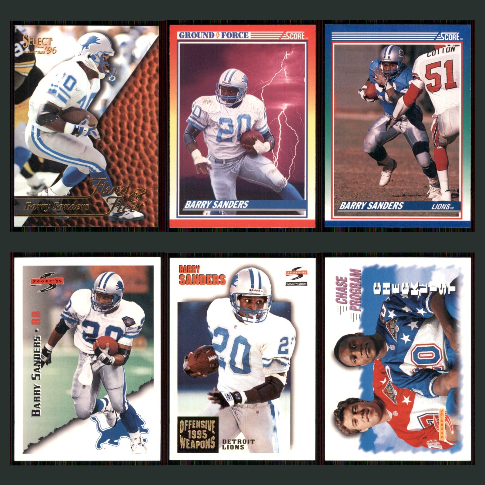 Barry Sanders Lot 6 Football Cards 1996 Select Detroit Lions Set Collection NFL card scans. Overall card condition is Near Mint.