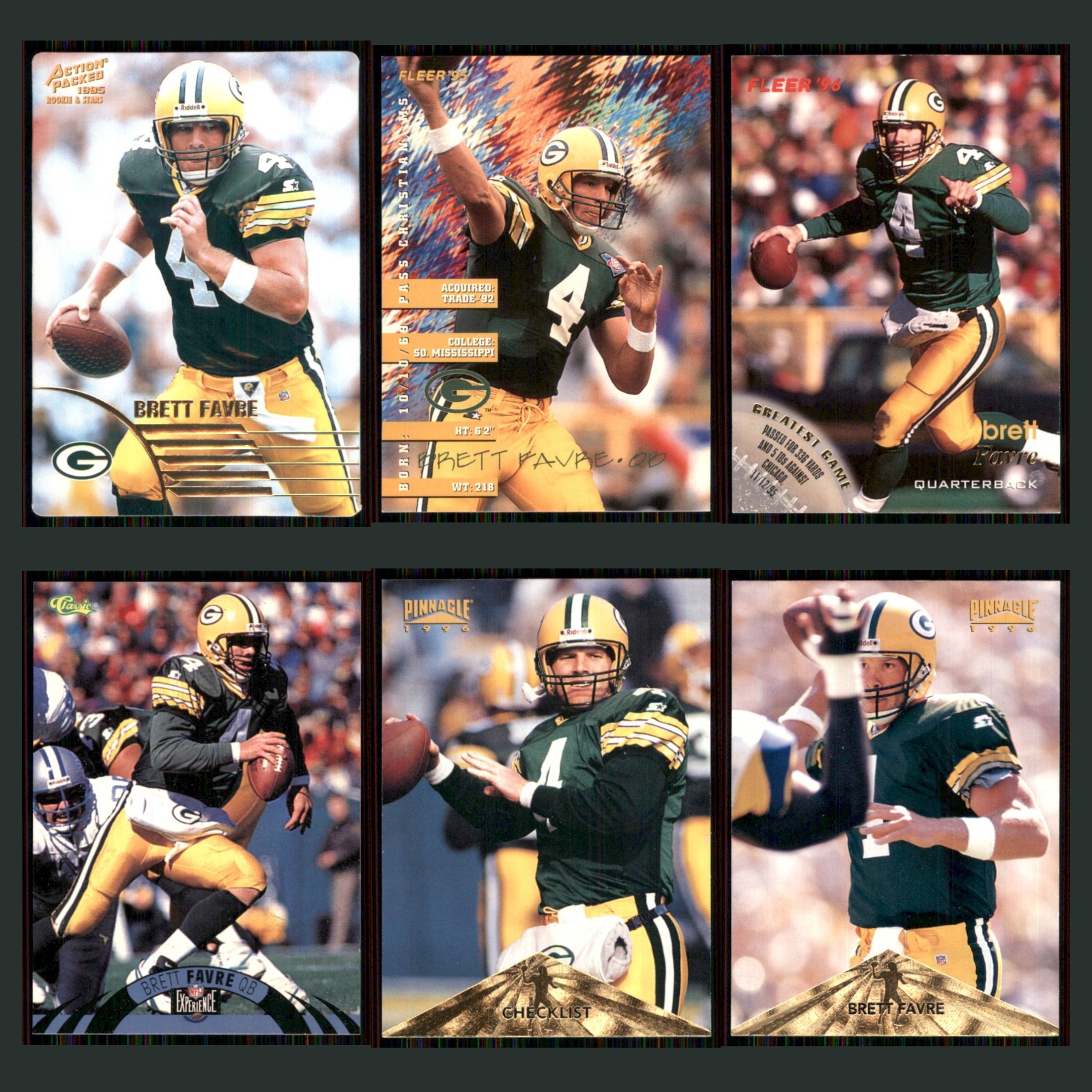 Brett Favre Lot 6 Football Cards 1995 Action Packed Rookies & Stars Packers Set card scans. Overall card condition is Near Mint.