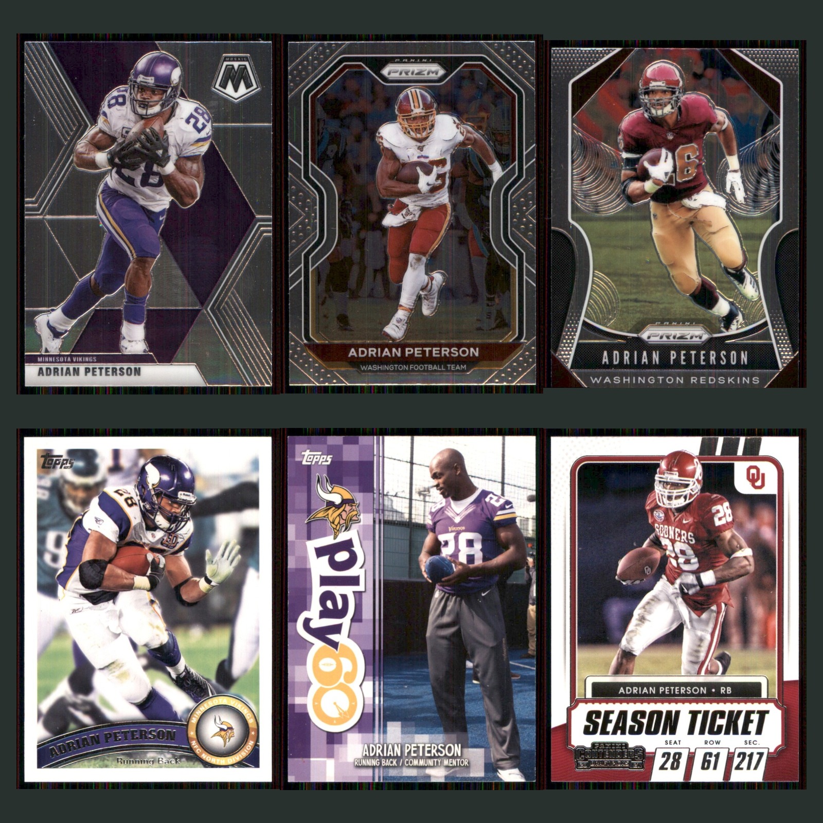 Adrian Peterson Lot 6 Football Cards 2020 Panini Mosaic Minnesota Vikings Set NM card scans. Overall card condition is Near Mint.