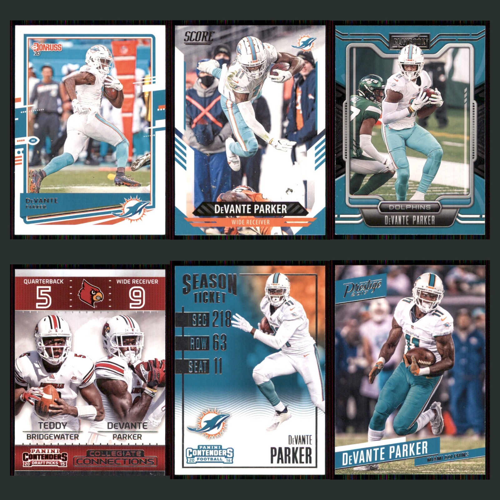 DeVante Parker Lot 6 Football Cards 2020 Donruss Miami Dolphins Set Collection card scans. Overall card condition is Near Mint.