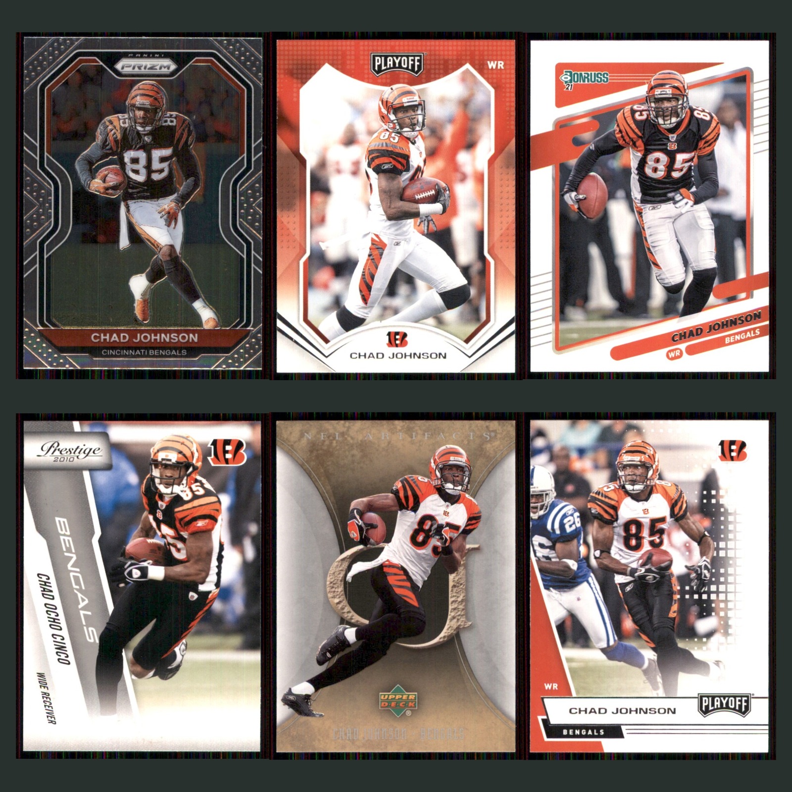 Chad Johnson Lot 6 Football Cards 2020 Panini Prizm Cincinnati Bengals Set NFL card scans. Overall card condition is Near Mint.