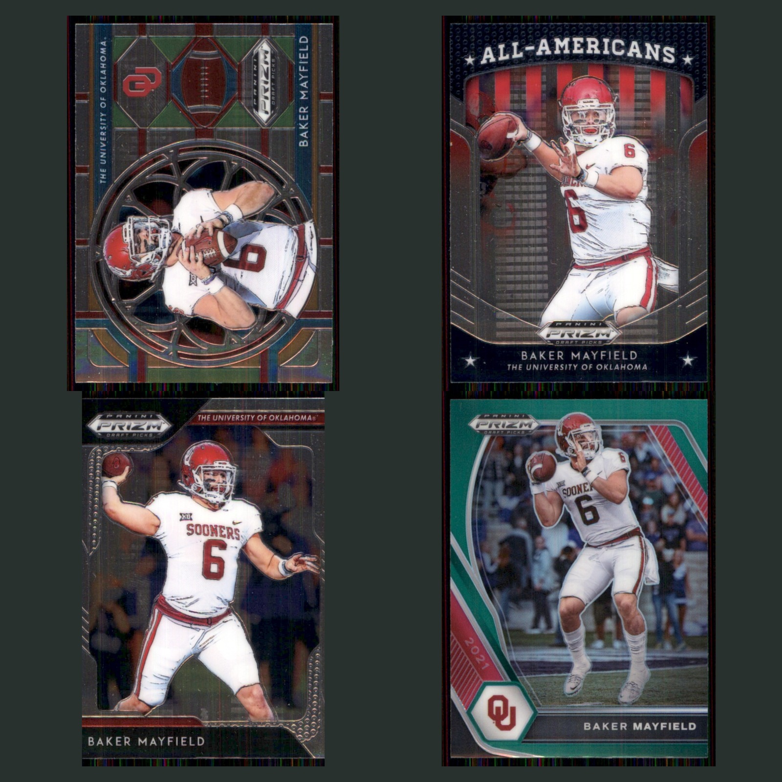 Baker Mayfield Lot 4 Football Cards 2019 Panini Prizm Draft Picks Set Collection card scans. Overall card condition is Near Mint.