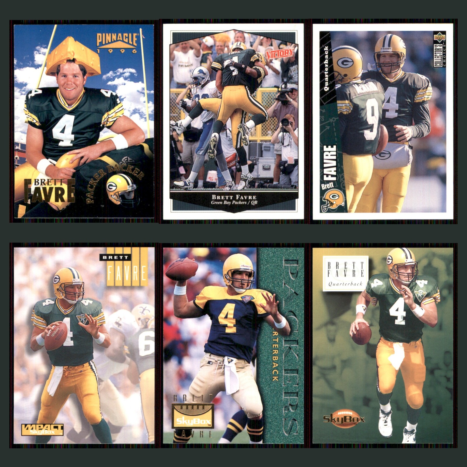 Brett Favre Lot 6 Football Cards 1996 Pinnacle Green Bay Packers Set Collection card scans. Overall card condition is Near Mint.