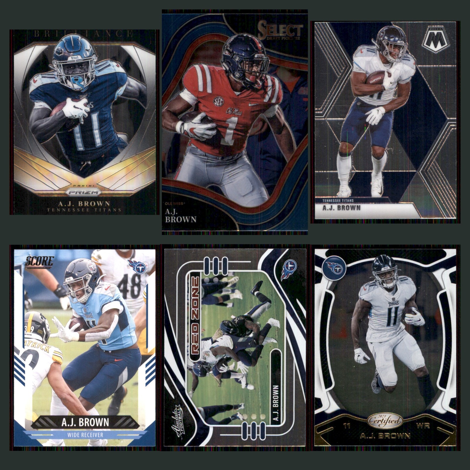 A.J. Brown Lot 6 Football Cards 2020 Panini Prizm Brilliance Tennessee Titans NM card scans. Overall card condition is Near Mint.