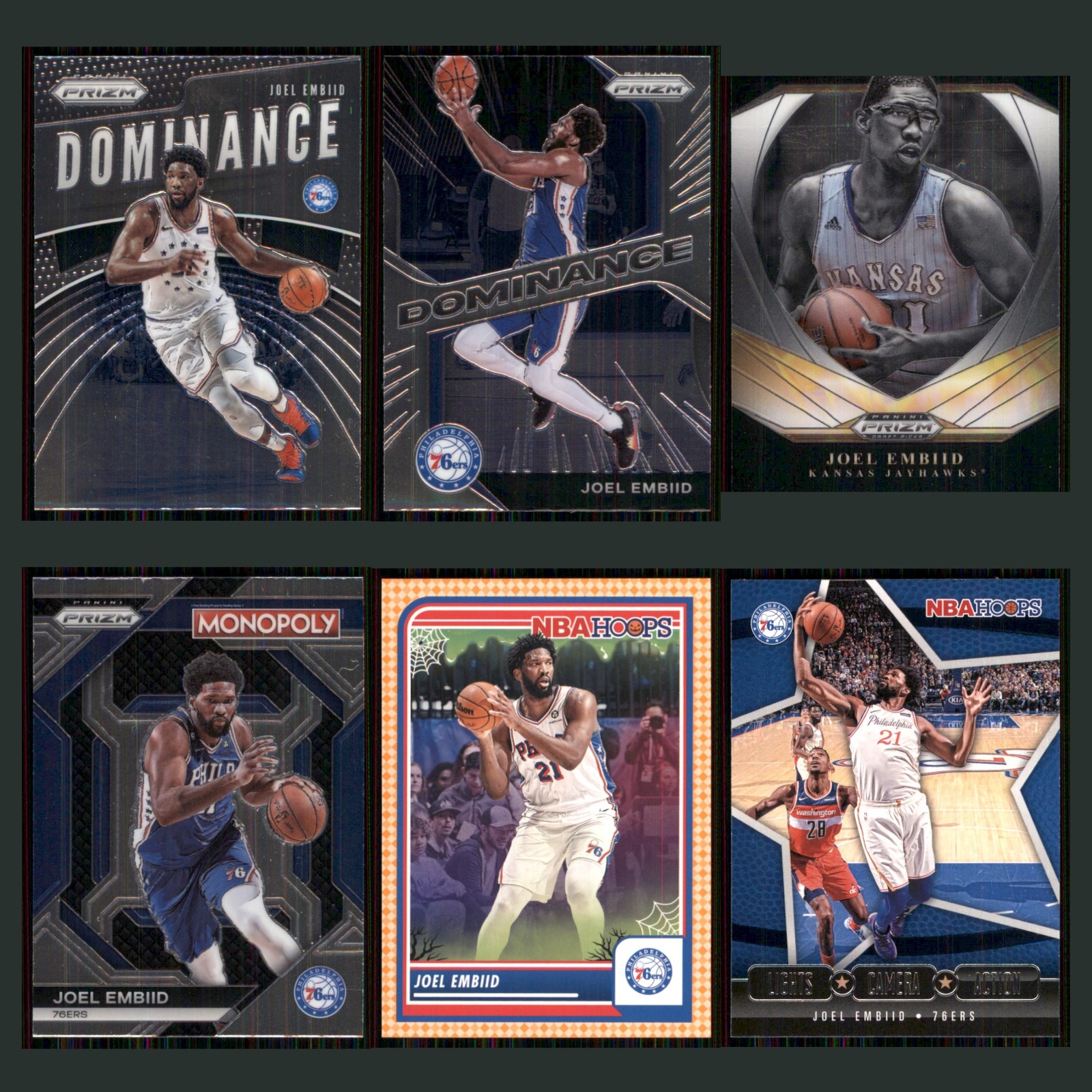 Joel Embiid Lot 6 Basketball Cards 2019 Panini Prizm Dominance 76ers Set NBA NM card scans. Overall card condition is Near Mint.