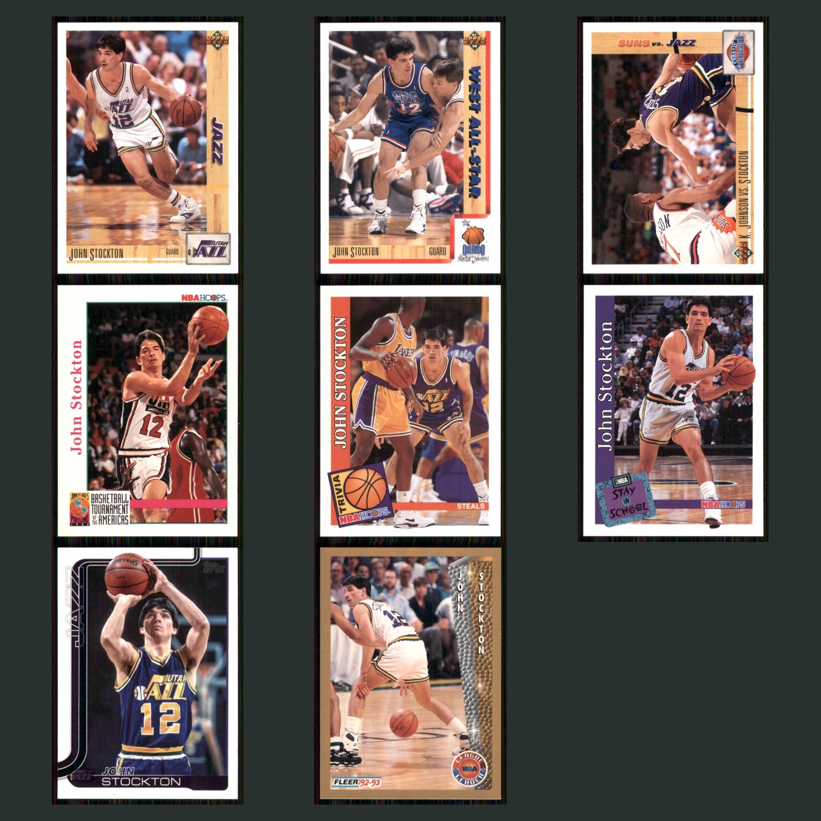 John Stockton Lot 8 Basketball Cards 1991 Upper Deck Utah Jazz Set Collection NM card scans. Overall card condition is Near Mint.