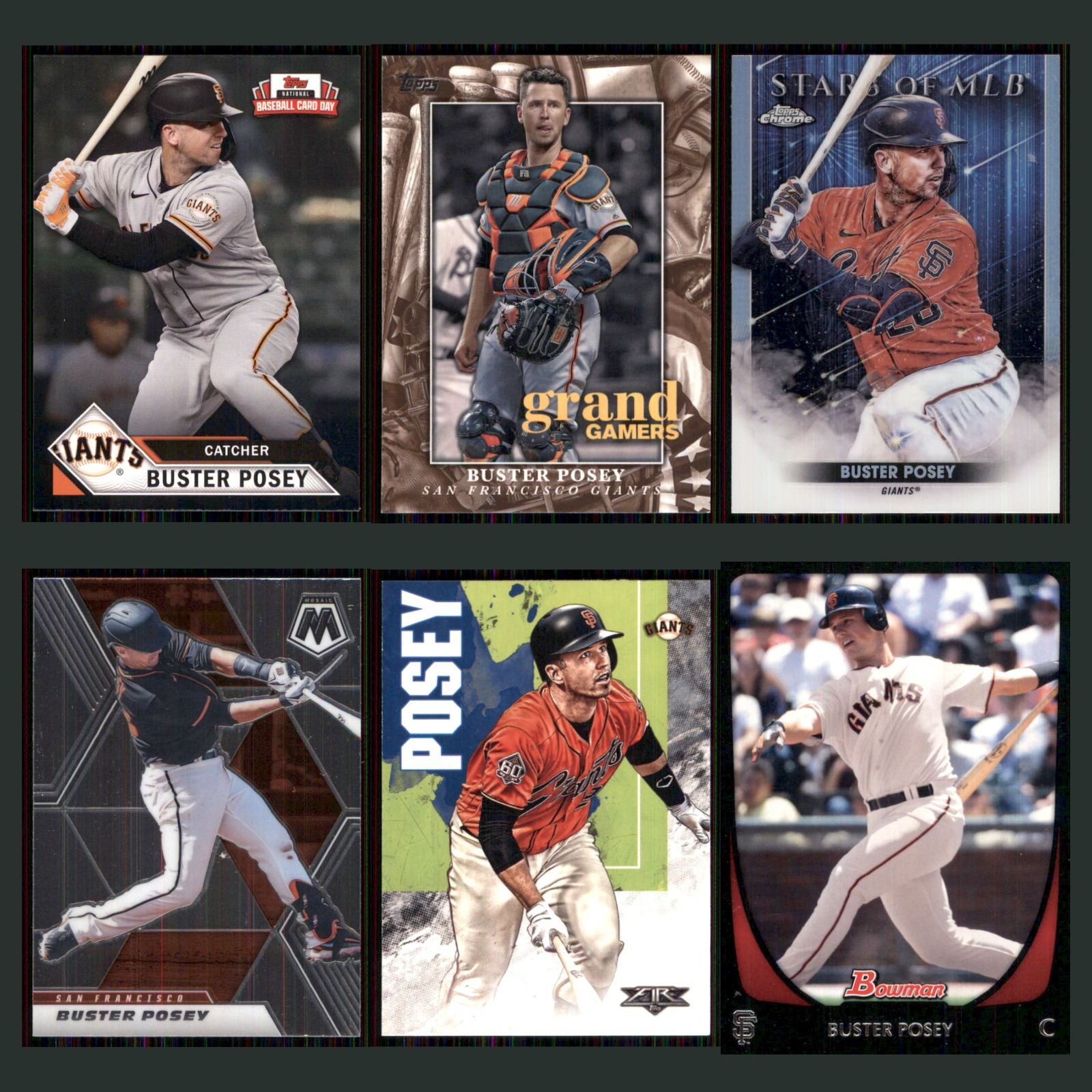 Buster Posey Lot 6 Baseball Cards 2021 Topps National Baseball Card Day Giants card scans. Overall card condition is Near Mint.