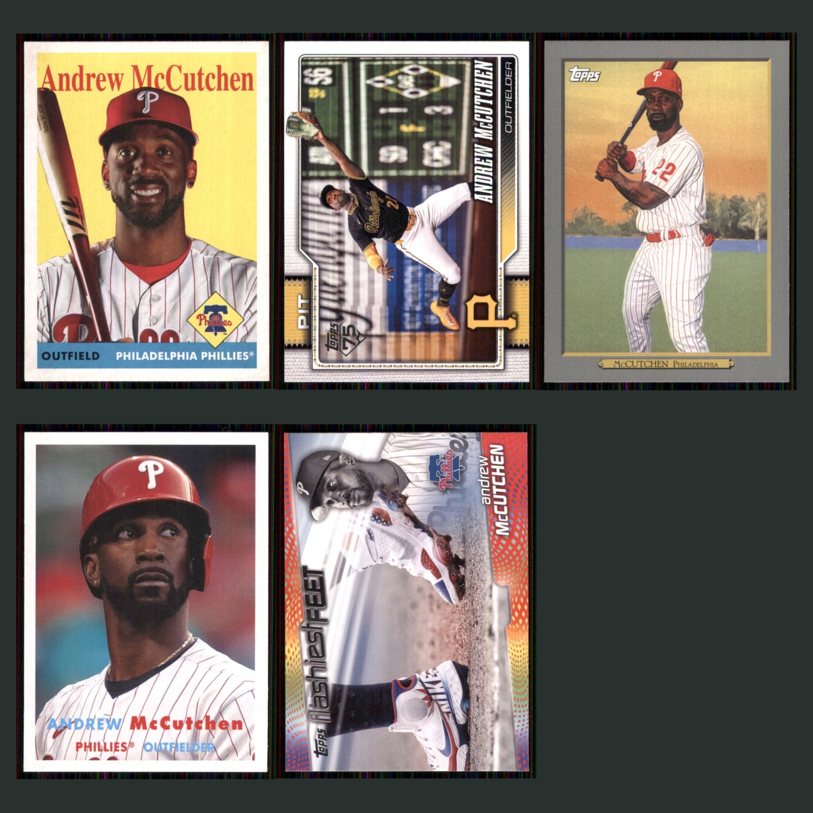 Andrew McCutchen Lot 5 Baseball Cards 2019 Topps Archives Philadelphia Phillies card scans. Overall card condition is Near Mint.