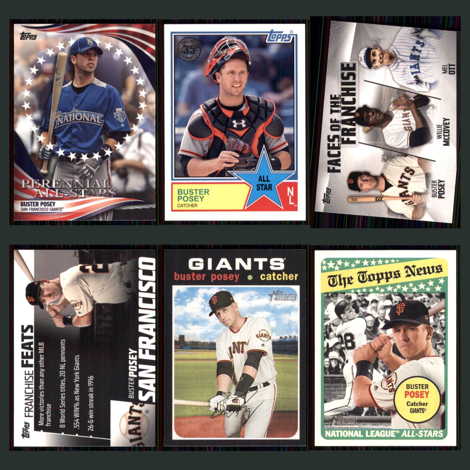 Buster Posey Lot 6 Baseball Cards 2019 Topps Update Perennial All-Stars Giants card scans. Overall card condition is Near Mint.