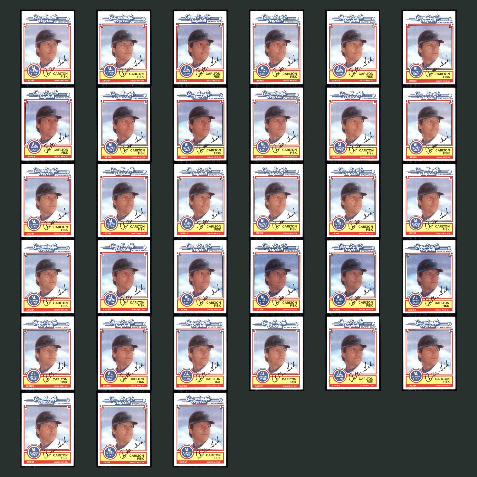 Carlton Fisk Lot 33 Baseball Cards 1984 Topps Milton Bradley Chicago White Sox card scans. Overall card condition is Near Mint.