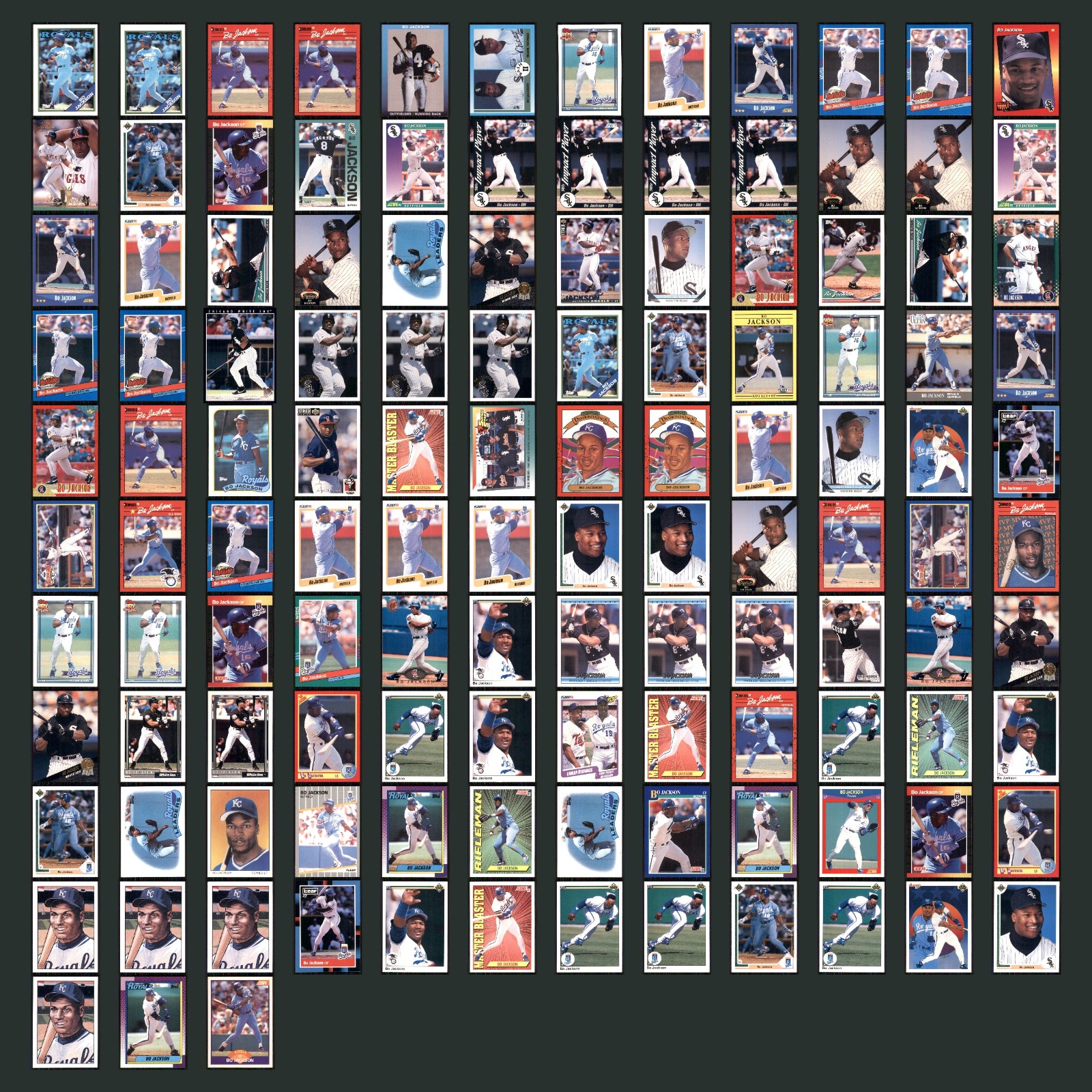 Bo Jackson Lot 123 Baseball Cards 1988 Topps Kansas City Royals Set Collection card scans. Overall card condition is Near Mint.