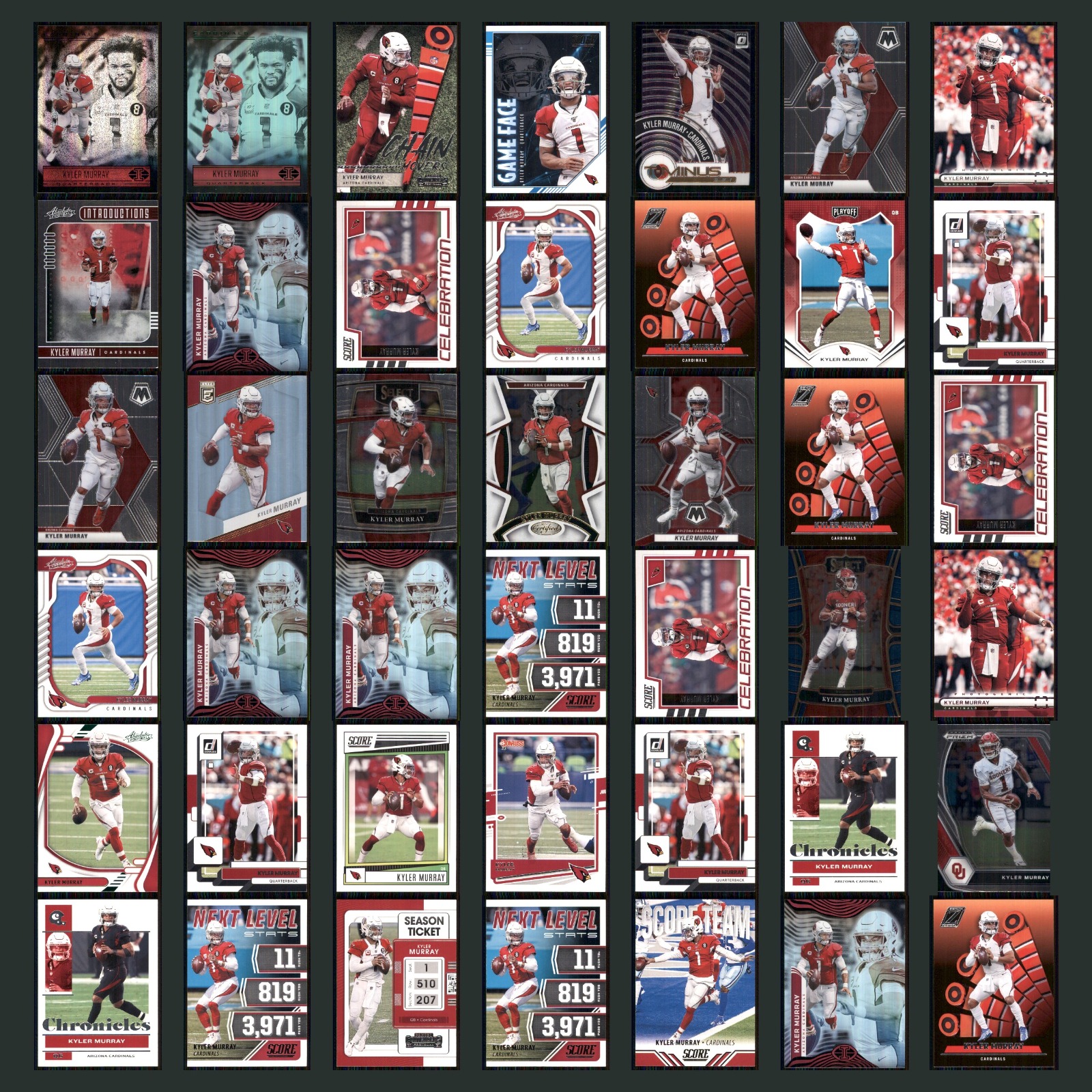 Kyler Murray Lot 42 Football Cards 2021 Panini Illusions Asia Arizona Cardinals card scans. Overall card condition is Near Mint.