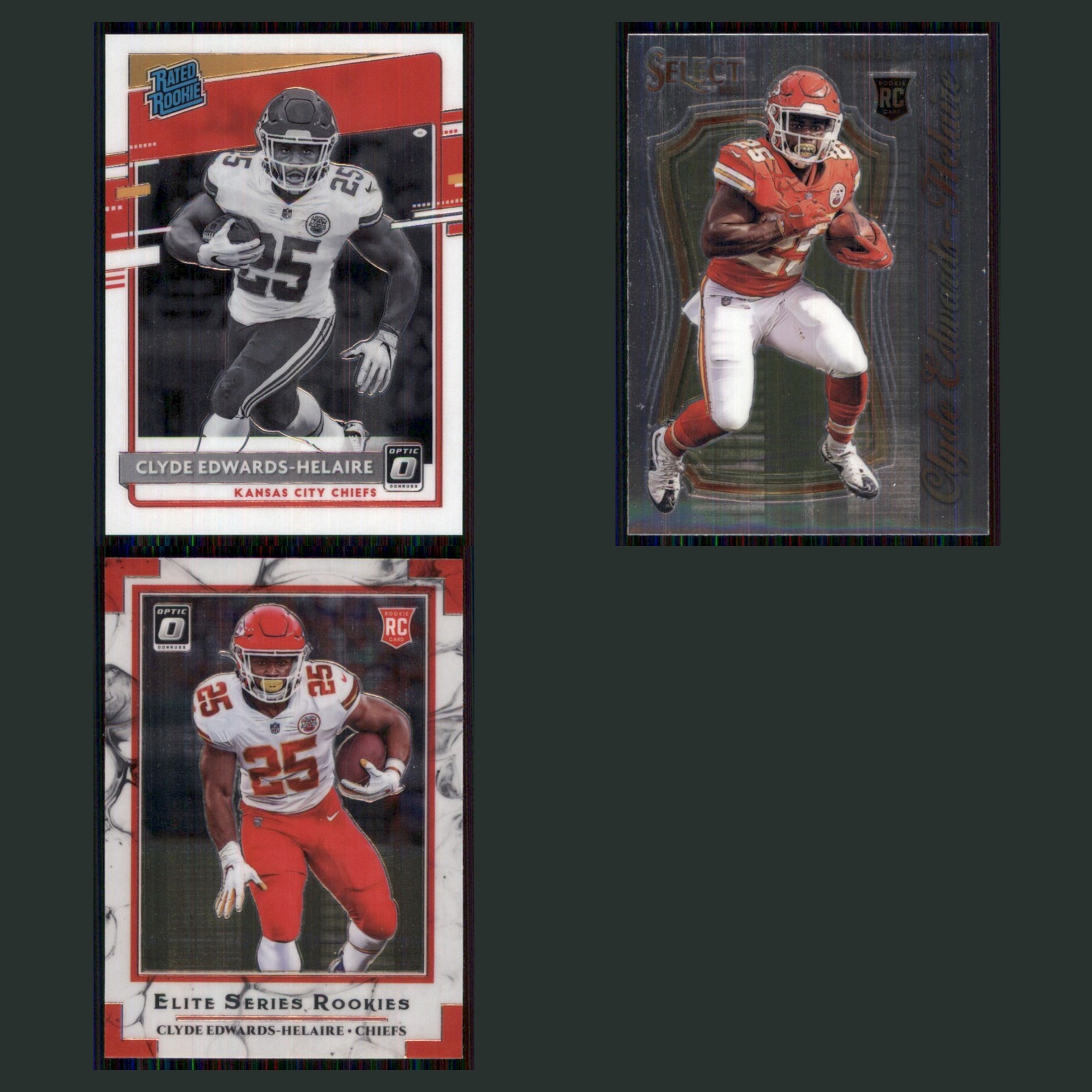 Clyde Edwards-Helaire Lot 3 Football Cards 2020 Donruss Optic Kansas City Chiefs card scans. Overall card condition is Near Mint.