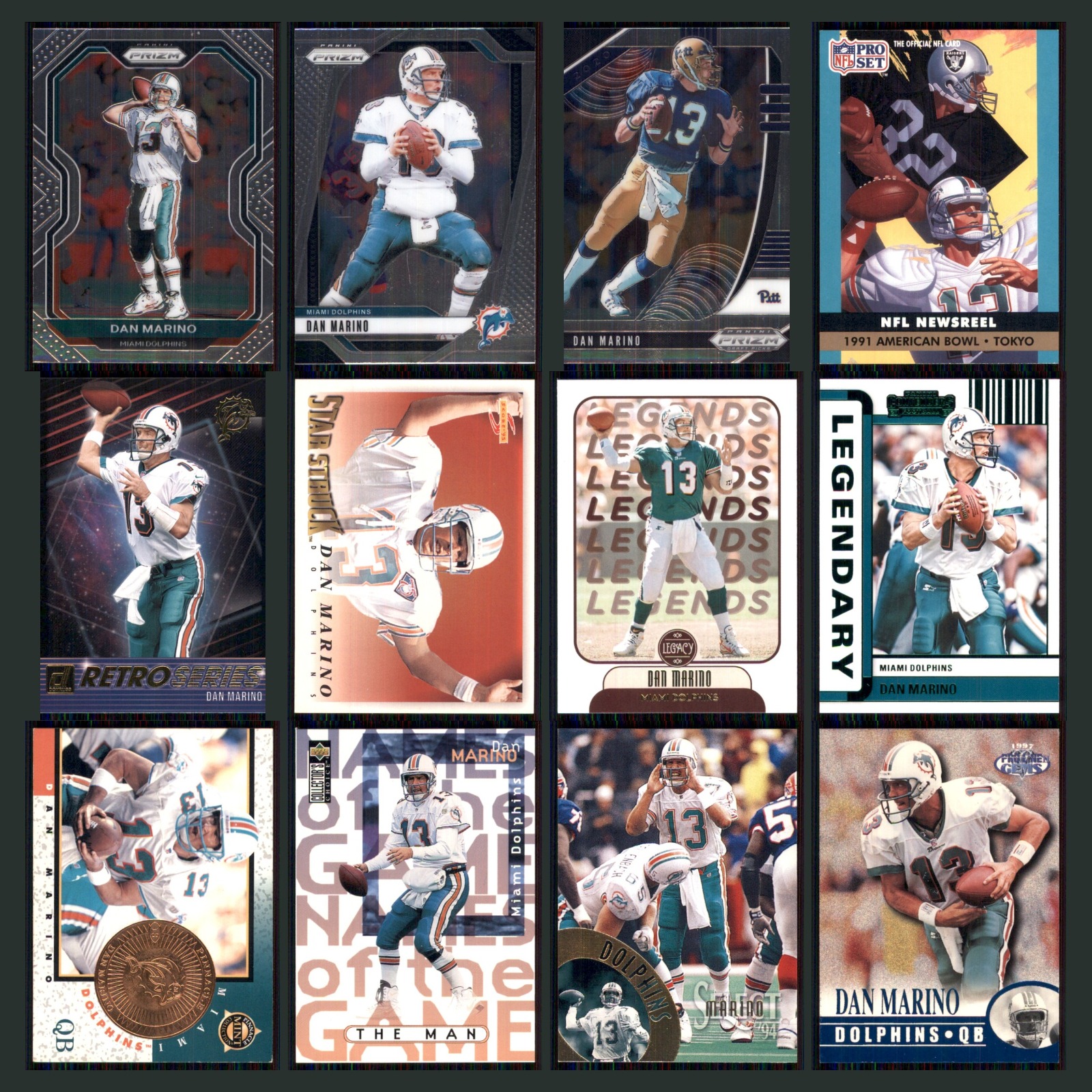 Dan Marino Lot 12 Football Cards 2020 Panini Prizm Blue Miami Dolphins Set NFL card scans. Overall card condition is Near Mint.