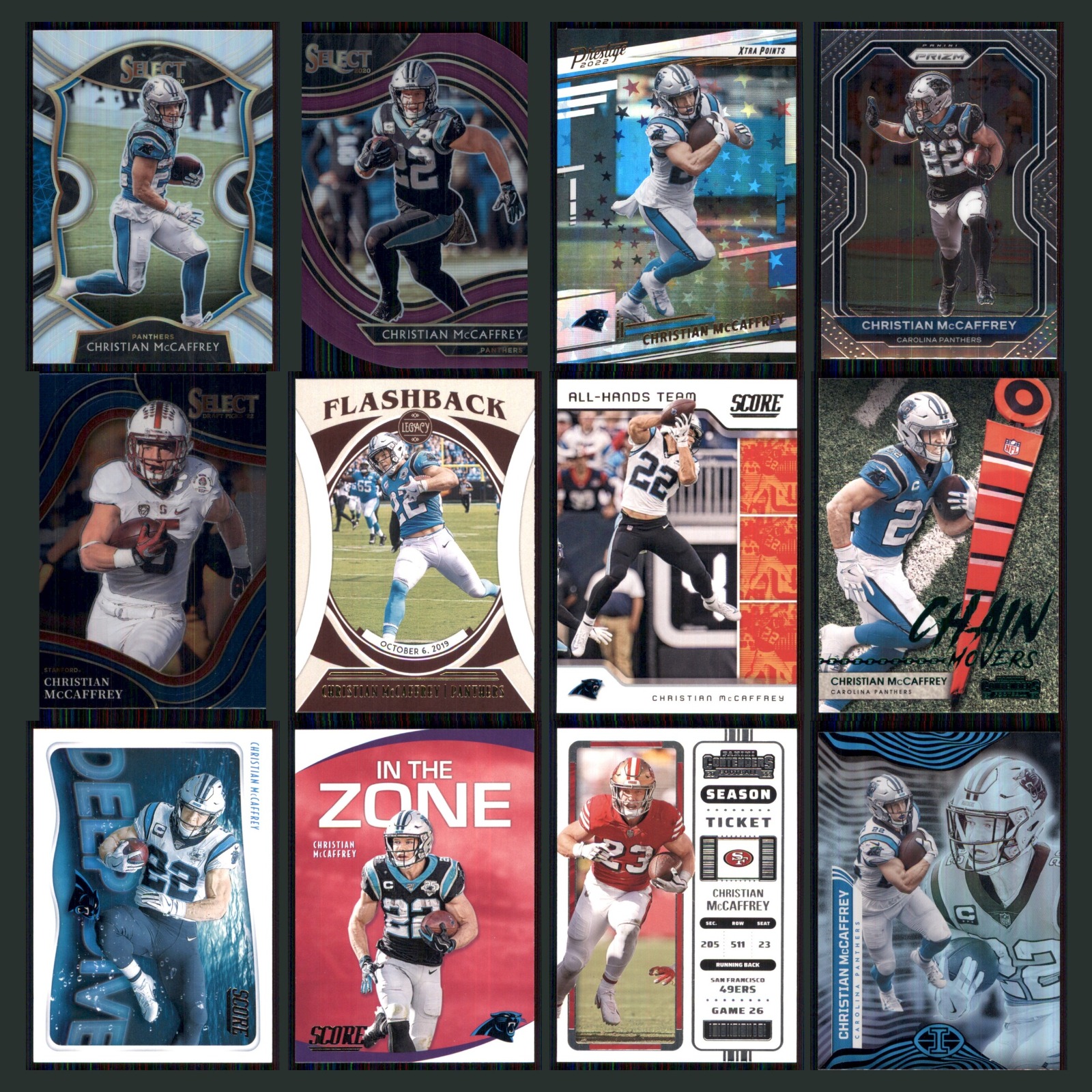 Christian McCaffrey Lot 12 Football Cards 2021 Panini Select Silver Prizm Set NM card scans. Overall card condition is Near Mint.