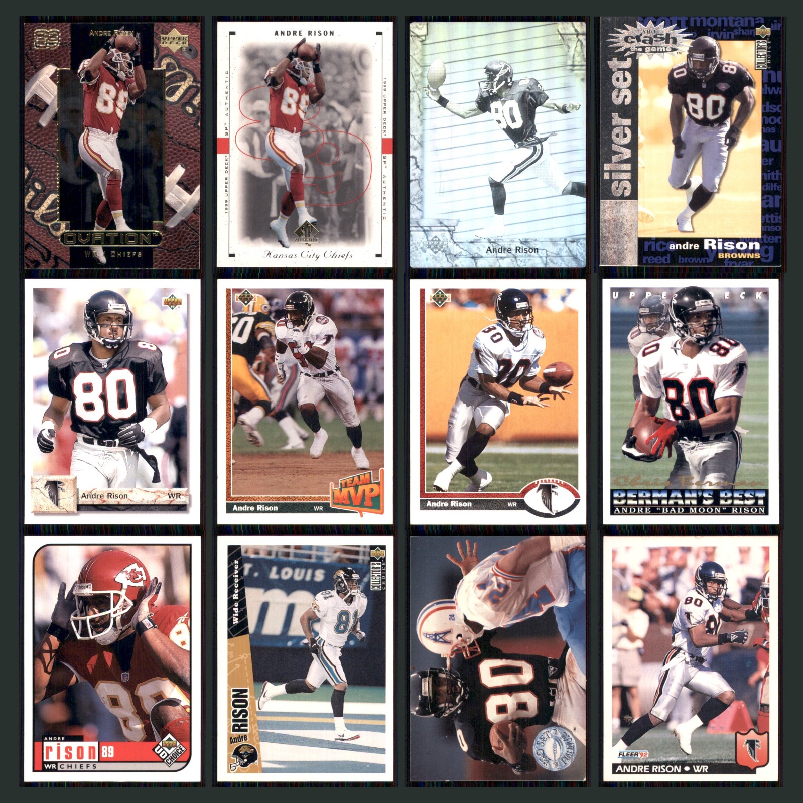 Andre Rison Lot 12 Football Cards 1999 Upper Deck Ovation Kansas City Chiefs Set card scans. Overall card condition is Near Mint.