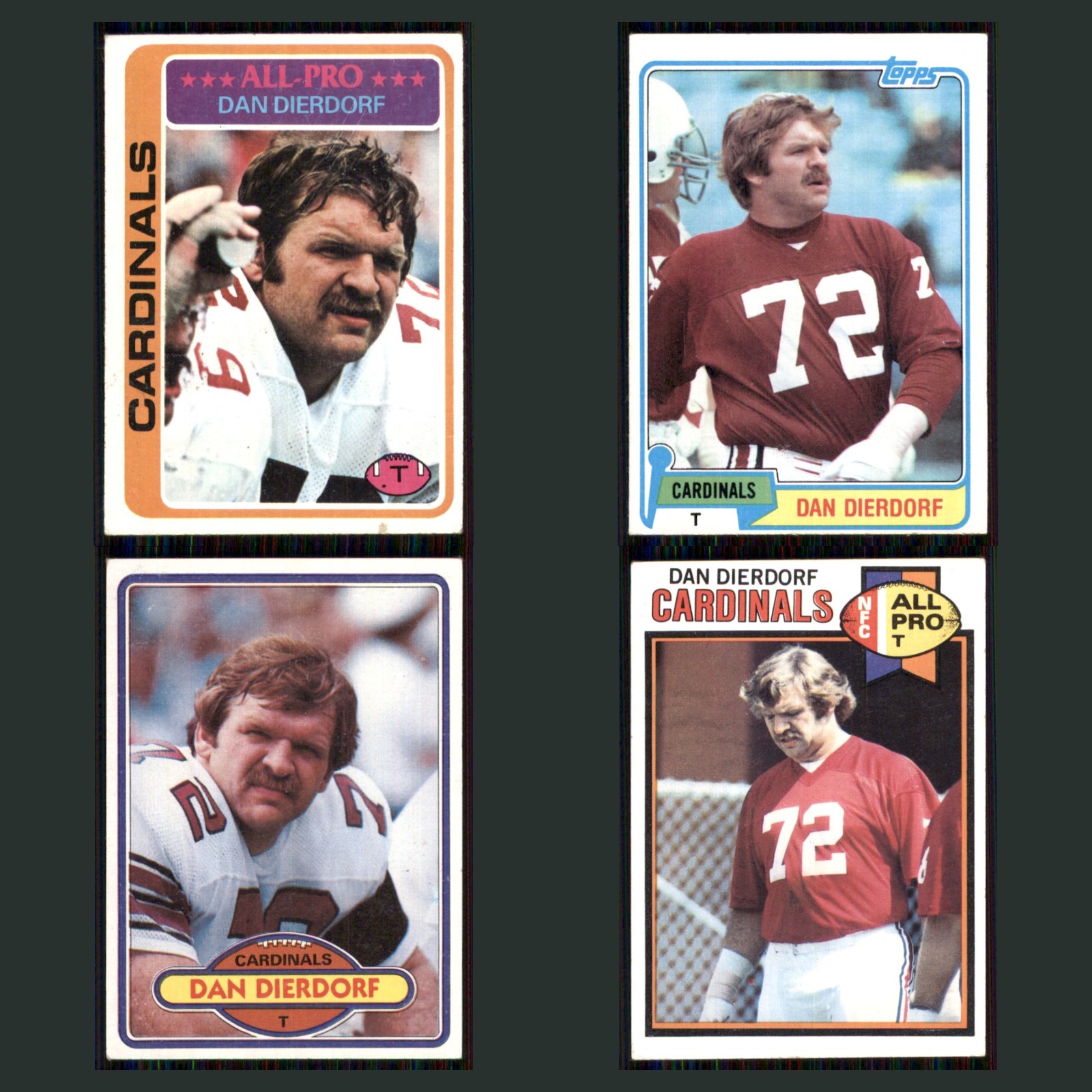 Dan Dierdorf Lot 4 Football Cards 1978 Topps St. Louis Cardinals Set Collection card scans. Overall card condition is Near Mint.