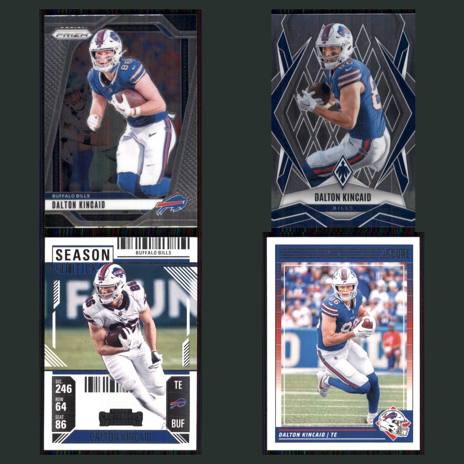 Dalton Kincaid Lot 4 Football Cards 2024 Panini Prizm Buffalo Bills Set NFL NM card scans. Overall card condition is Near Mint.